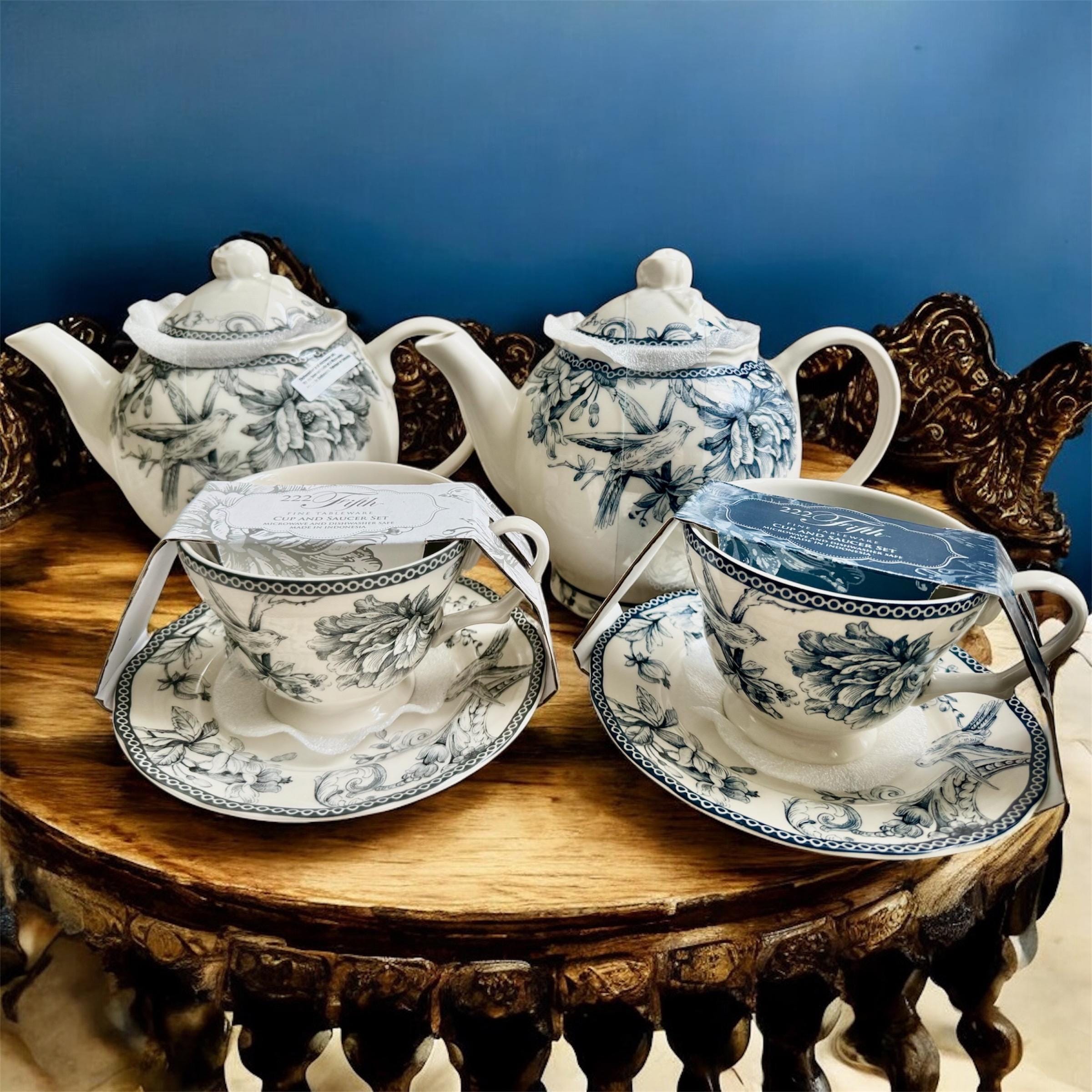 222 Fifth “Adelaide” Blue White Floral Bird Ironstone – Teapot or Cup & Saucer Set, front view