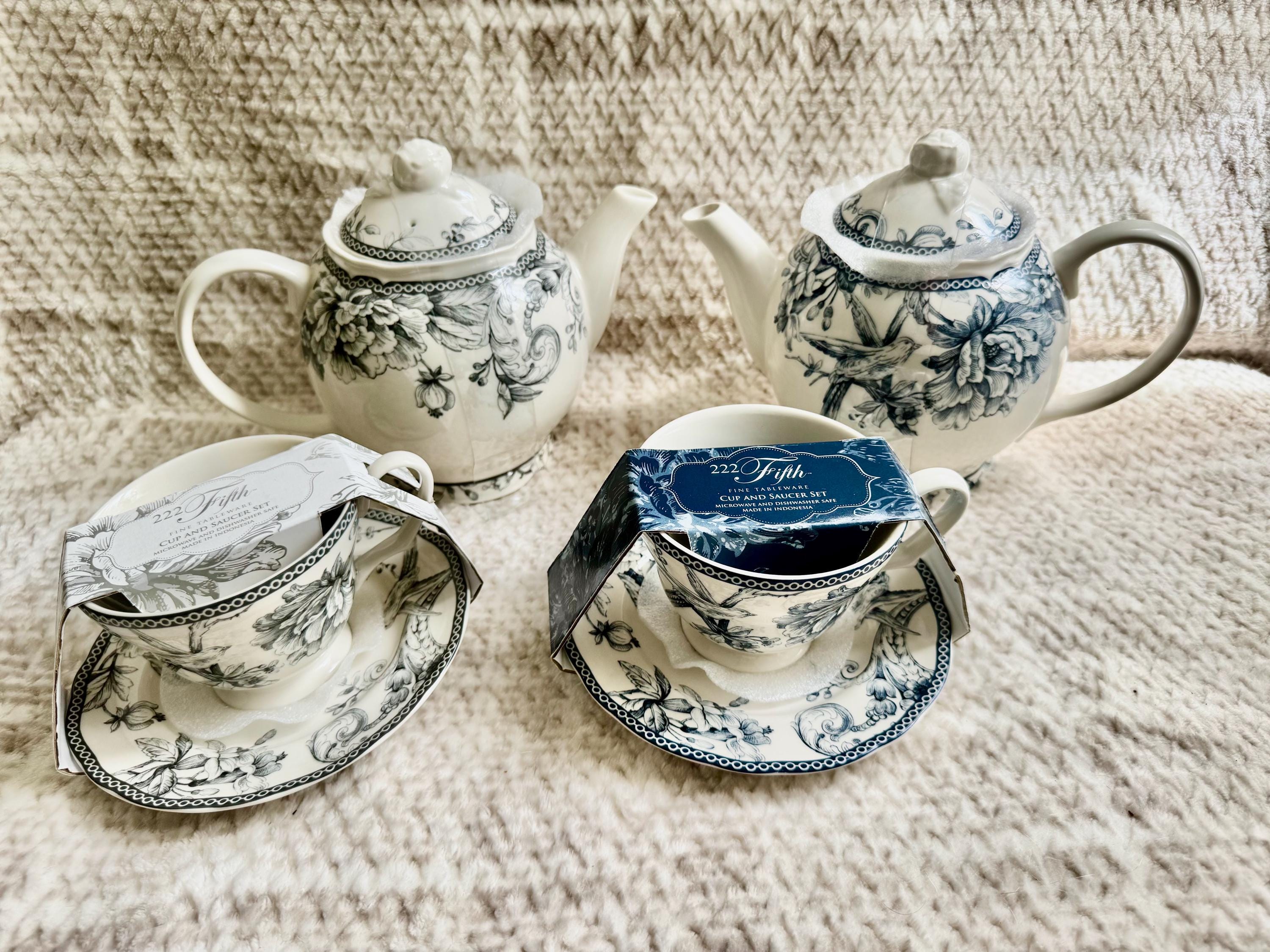 222 Fifth “Adelaide” Blue White Floral Bird Ironstone – Teapot or Cup & Saucer Set, detail view 1