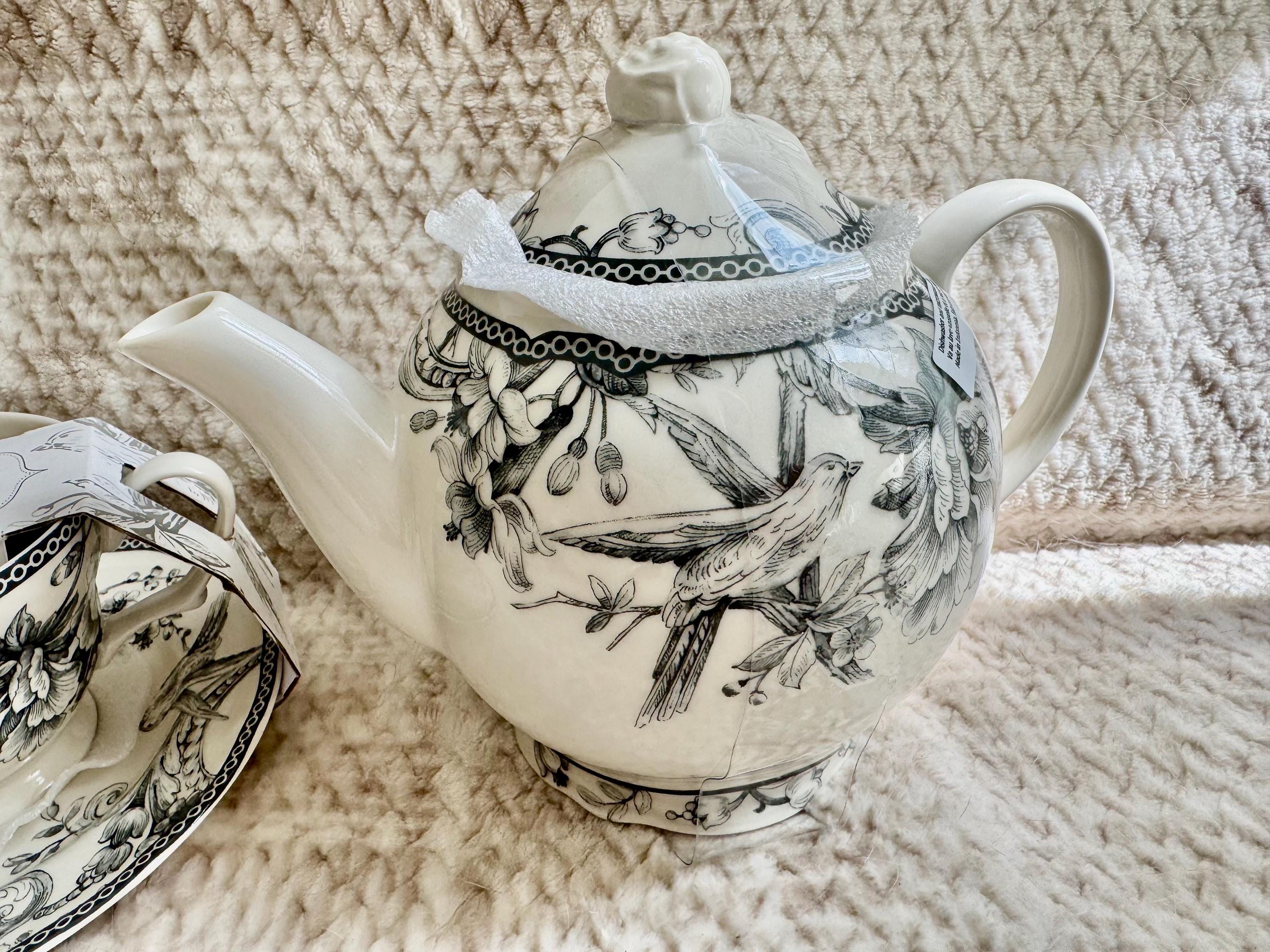 222 Fifth “Adelaide” Blue White Floral Bird Ironstone – Teapot or Cup & Saucer Set, detail view 2
