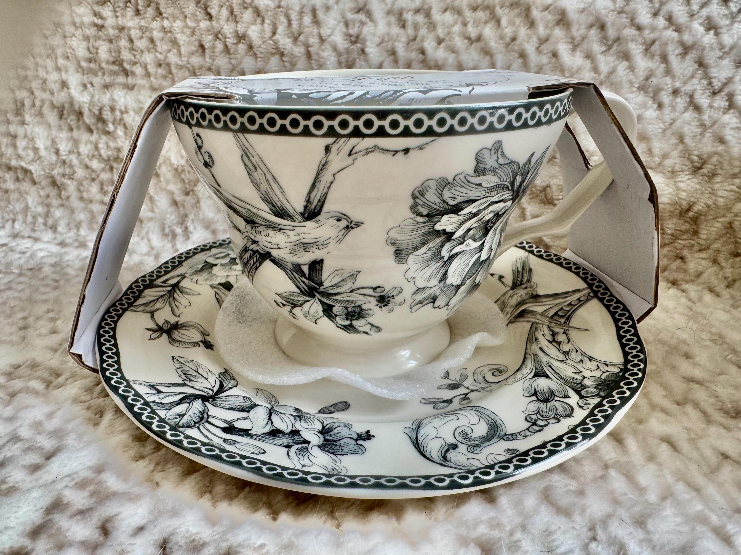 222 Fifth “Adelaide” Blue White Floral Bird Ironstone – Teapot or Cup & Saucer Set, detail view 3