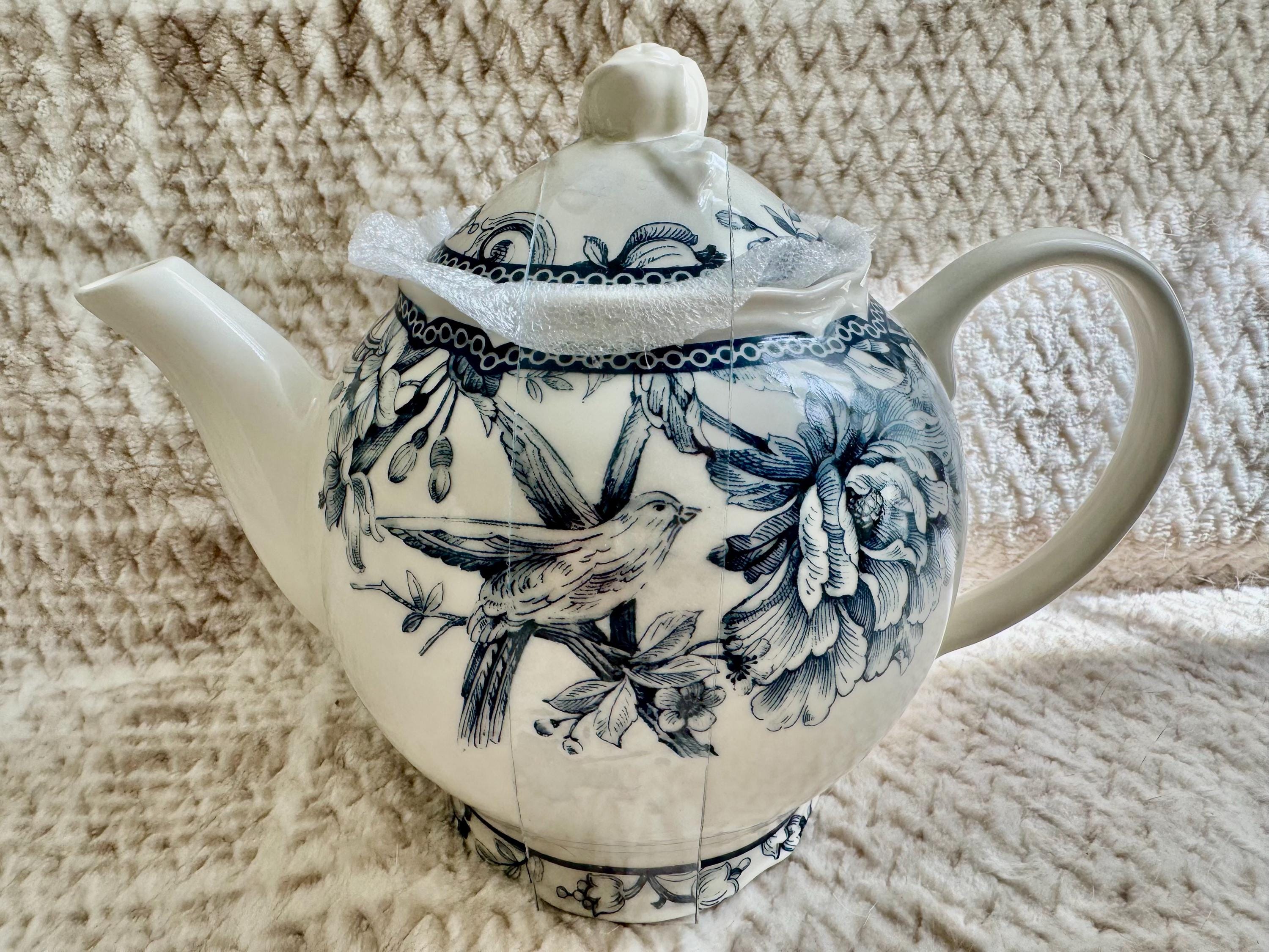 222 Fifth “Adelaide” Blue White Floral Bird Ironstone – Teapot or Cup & Saucer Set, detail view 4