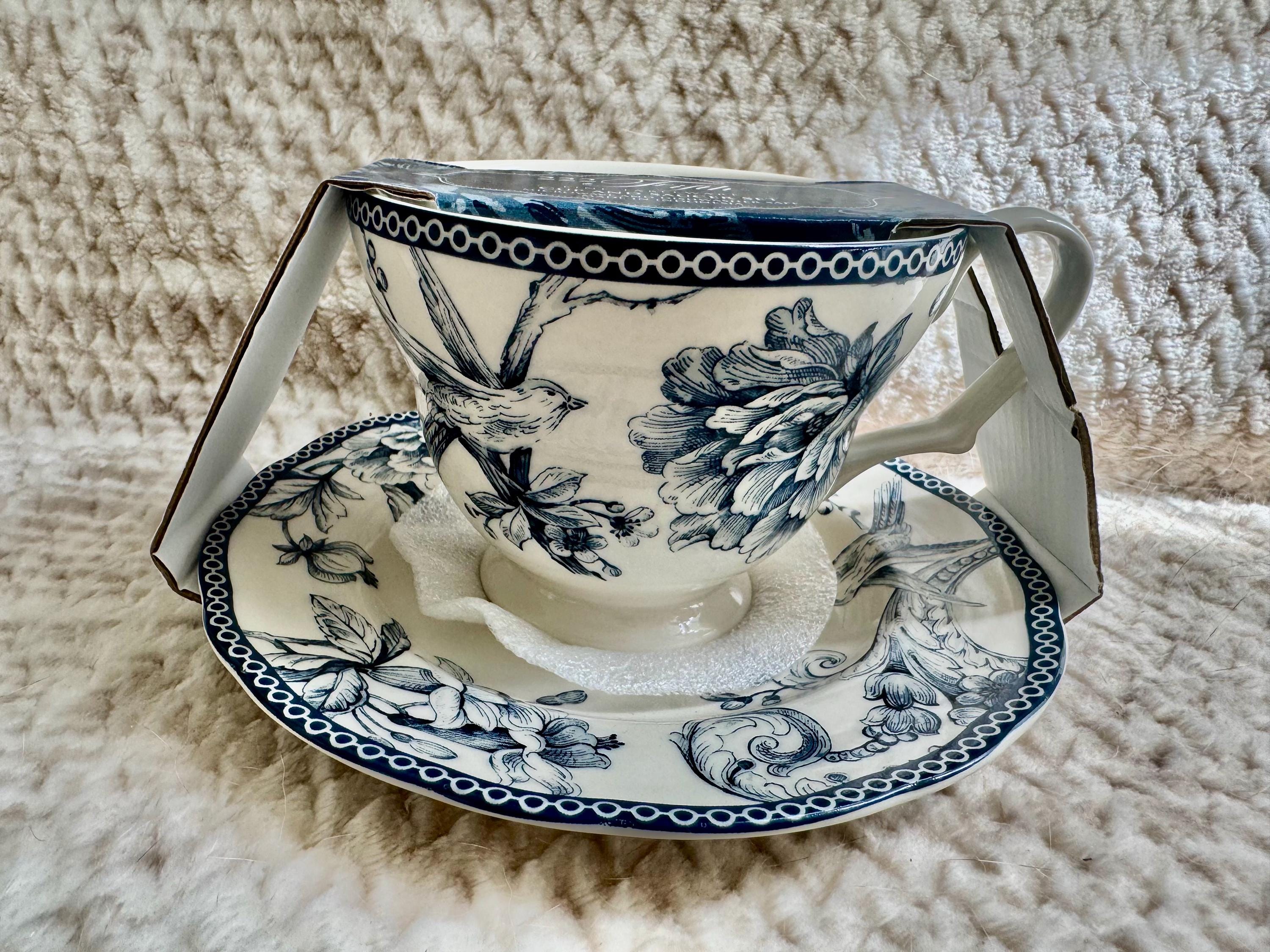 222 Fifth “Adelaide” Blue White Floral Bird Ironstone – Teapot or Cup & Saucer Set, detail view 5
