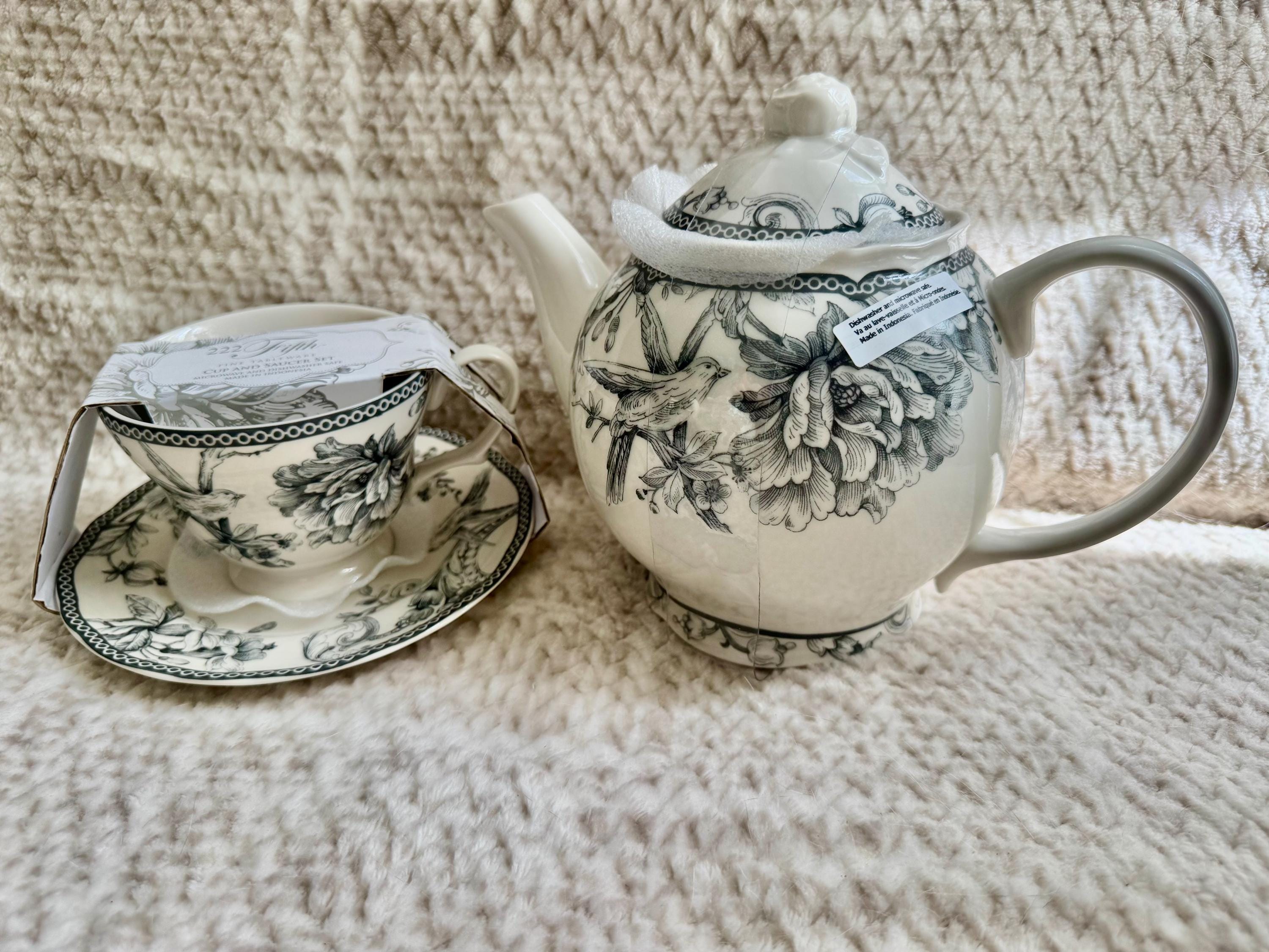 222 Fifth “Adelaide” Blue White Floral Bird Ironstone – Teapot or Cup & Saucer Set, detail view 6