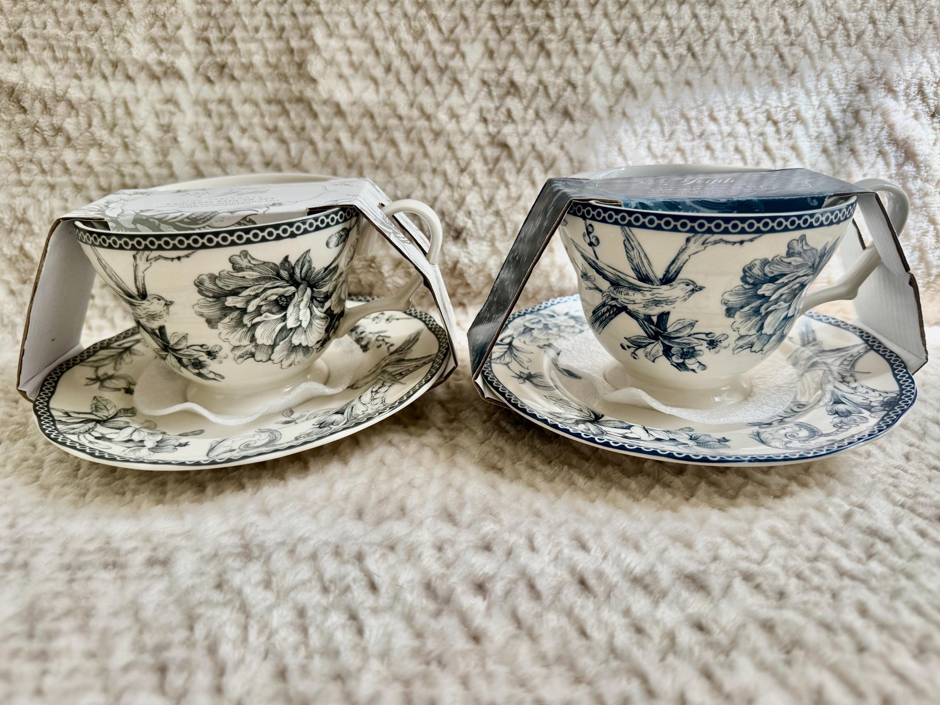 222 Fifth “Adelaide” Blue White Floral Bird Ironstone – Teapot or Cup & Saucer Set, detail view 7