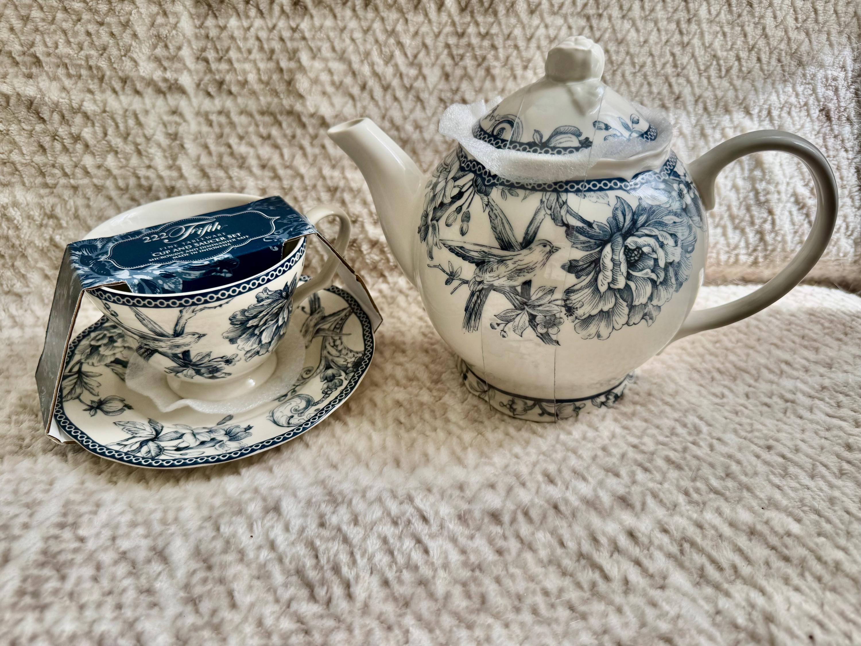 222 Fifth “Adelaide” Blue White Floral Bird Ironstone – Teapot or Cup & Saucer Set, detail view 8