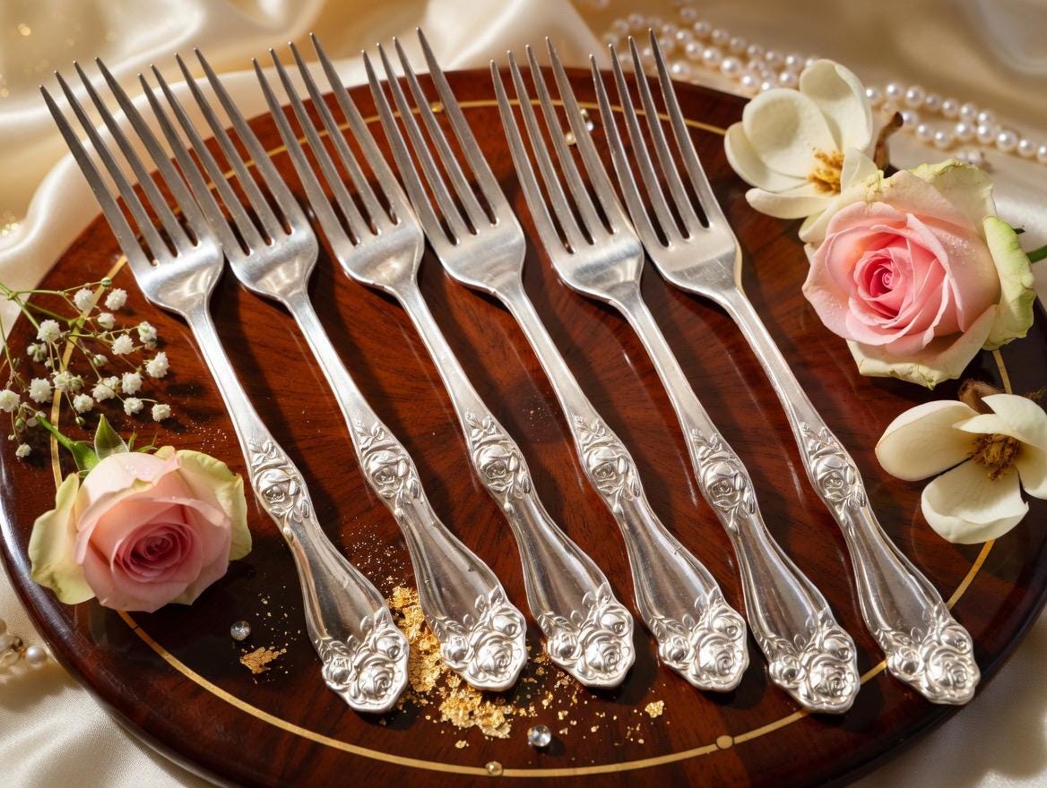 American Beauty Rose Dinner Forks – Set of 6 – International Silver (1909), front view