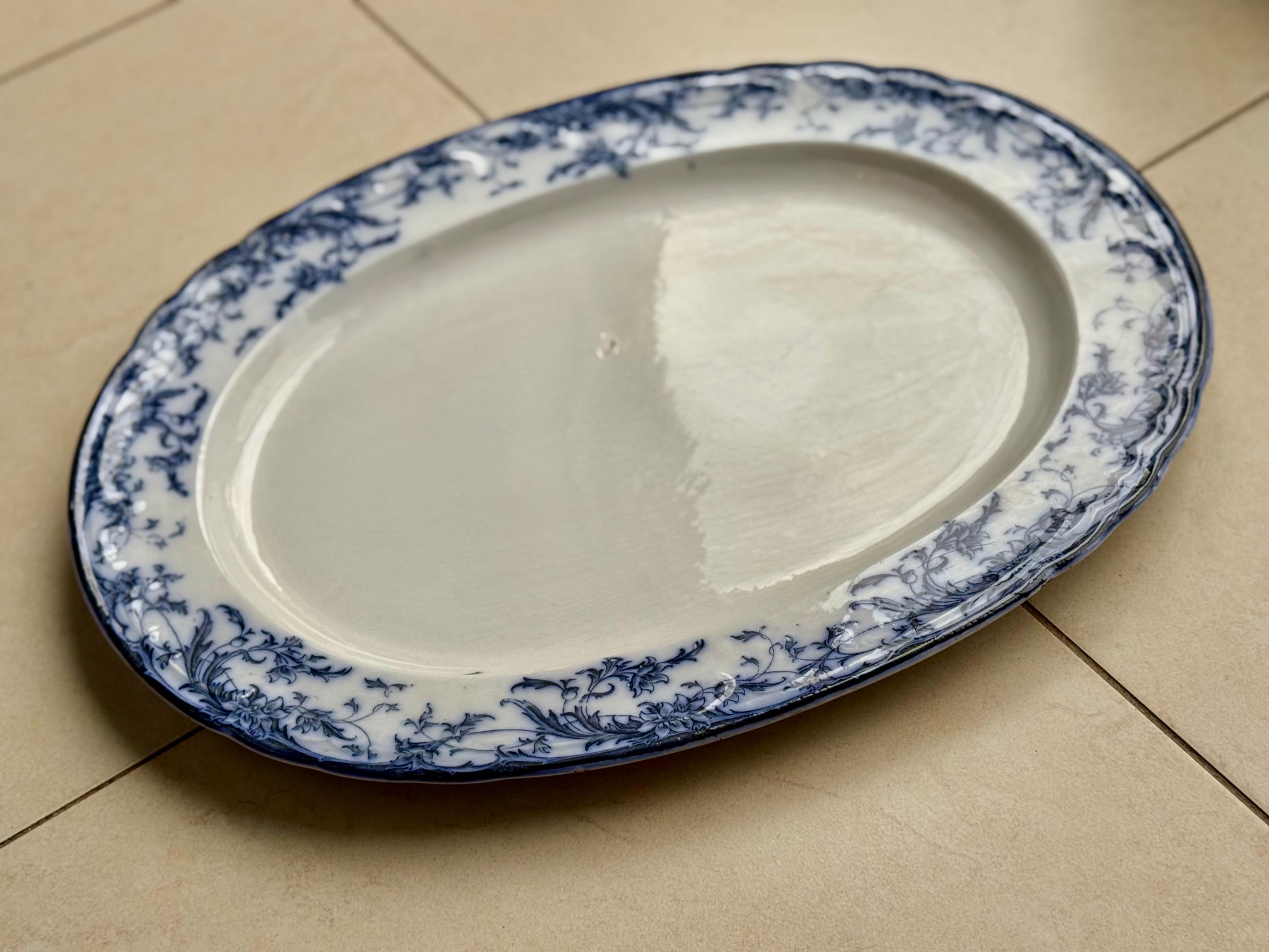 Antique 1880s Bridgwood Son Blue & White Transferware Oval Platter – 18 1/2” x 14 1/2”, detail view 4