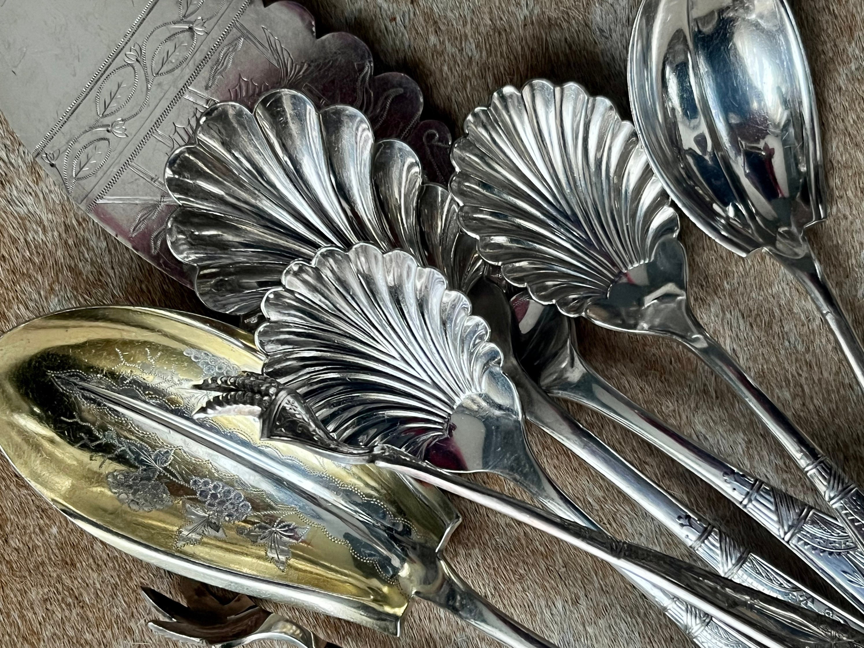 Antique Art Nouveau Silver Plated Serving Set: Shell & Floral Design, 7-Piece, front view