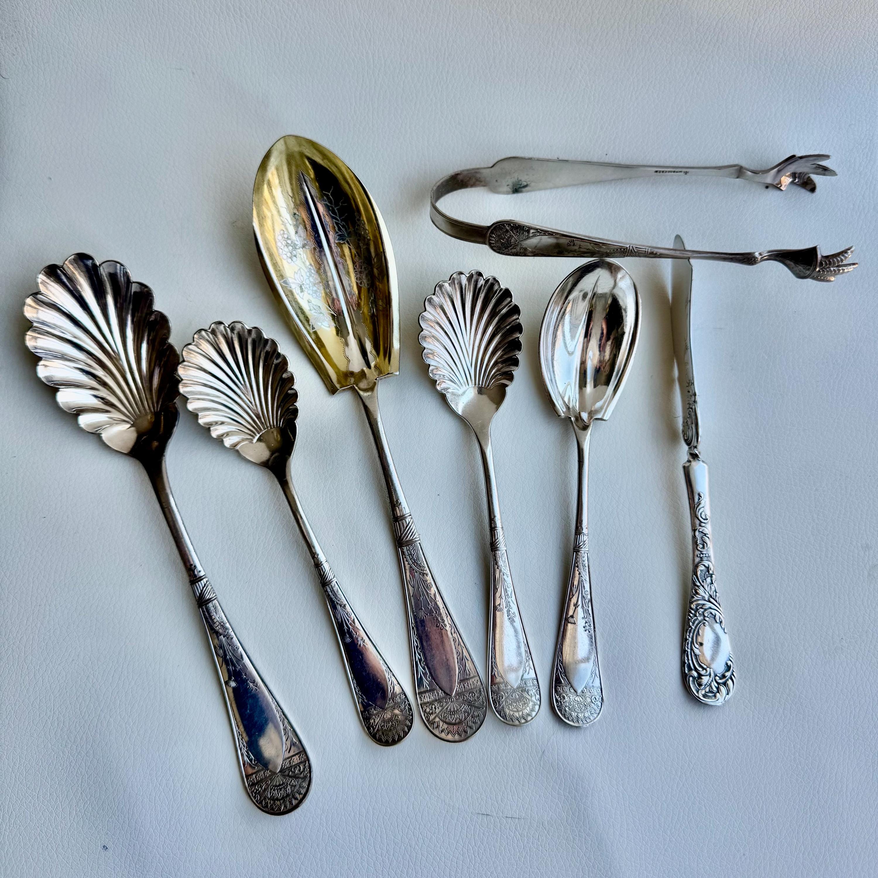 Antique Art Nouveau Silver Plated Serving Set: Shell & Floral Design, 7-Piece, detail view 4