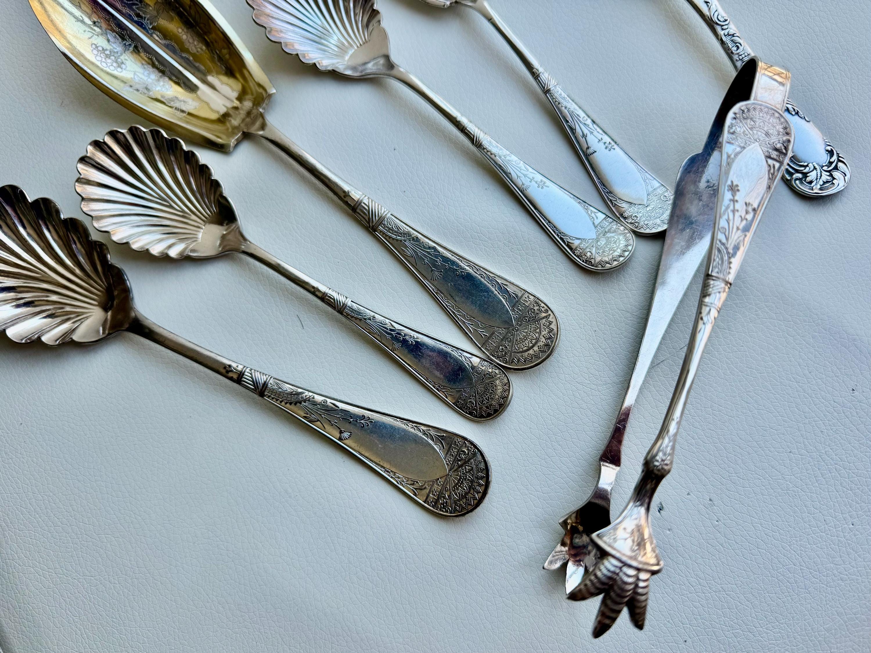 Antique Art Nouveau Silver Plated Serving Set: Shell & Floral Design, 7-Piece, detail view 5