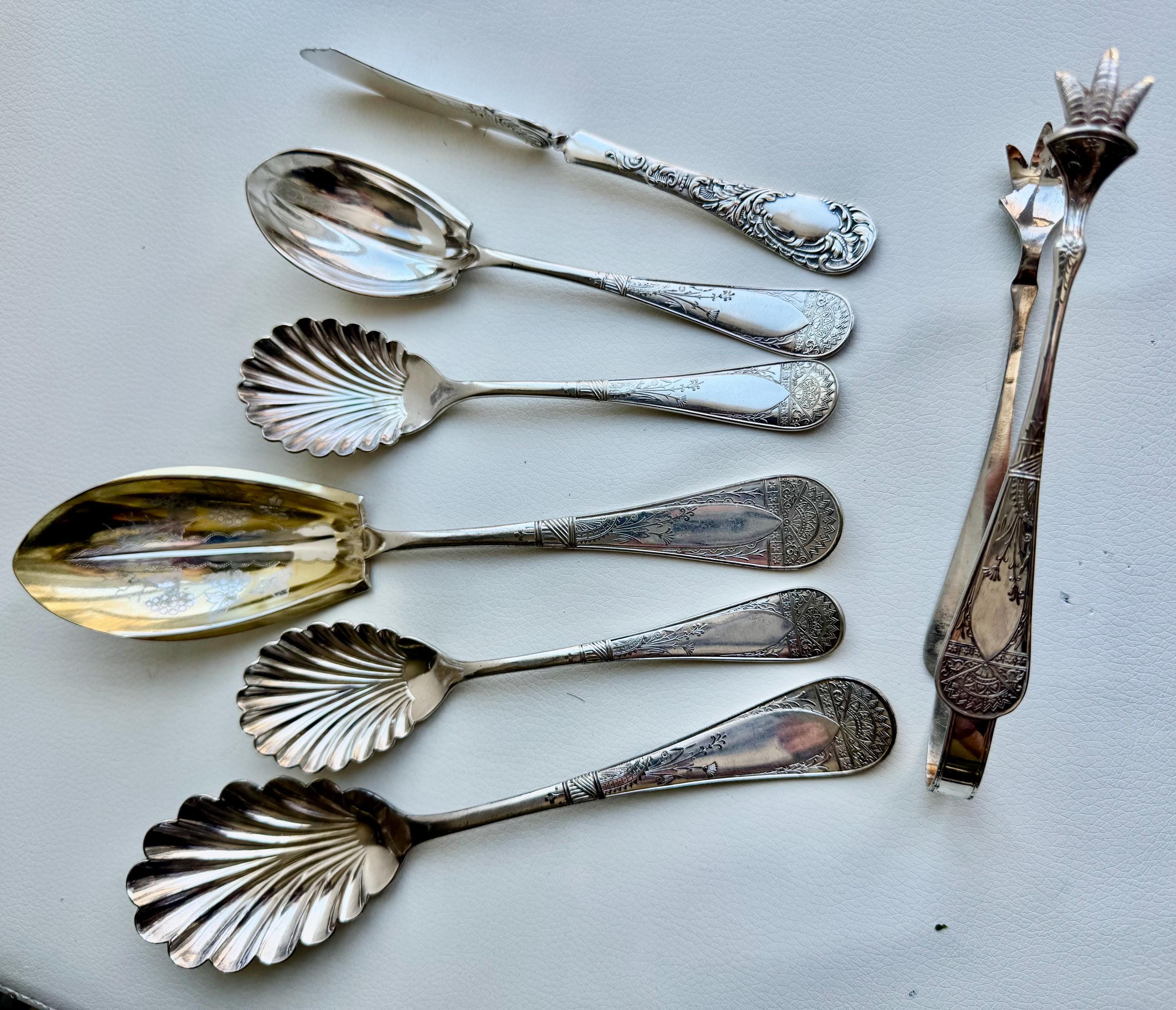 Antique Art Nouveau Silver Plated Serving Set: Shell & Floral Design, 7-Piece, detail view 7
