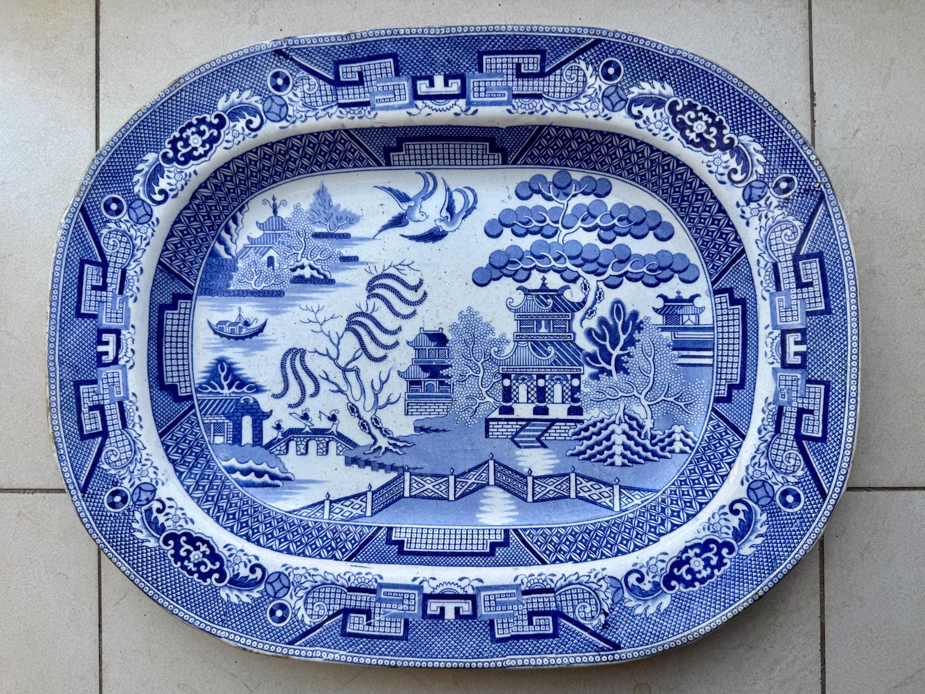 Antique M.T. & Co. Blue Willow Stoneware Platter – England, Circa Mid-19th Century, front view