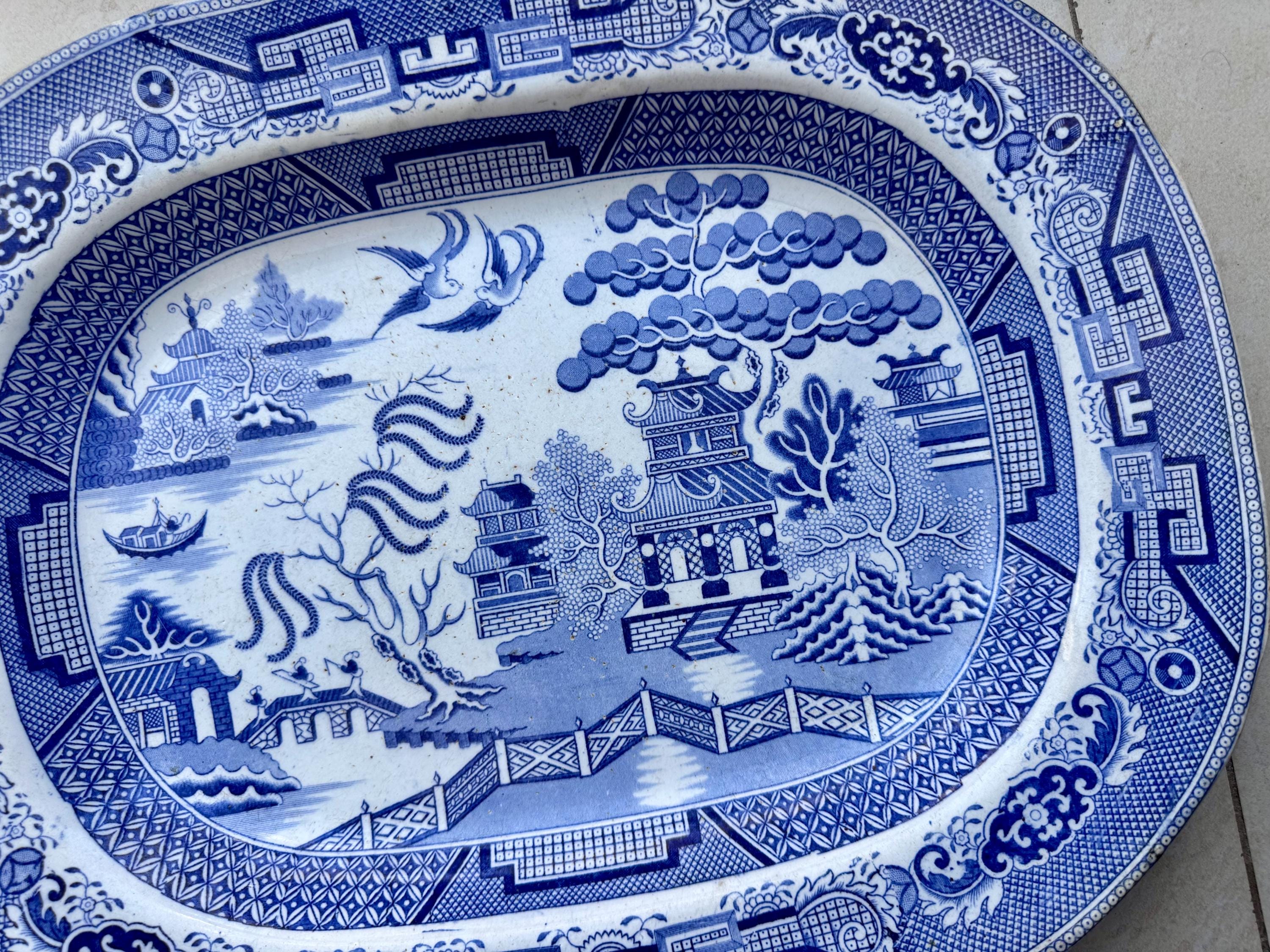 Antique M.T. & Co. Blue Willow Stoneware Platter – England, Circa Mid-19th Century, detail view 1
