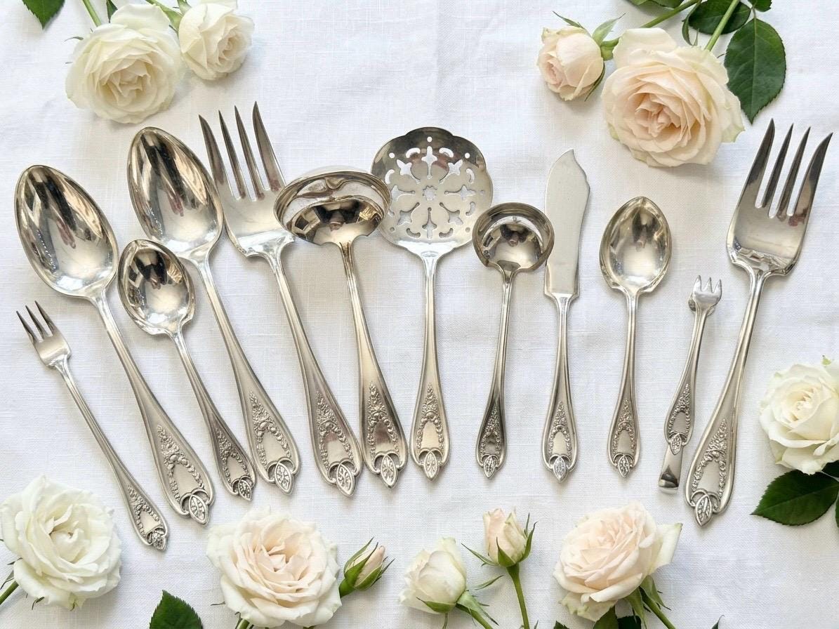 Antique "Old Colony" Serving Set by 1847 Rogers Bros – 12 Pieces Edwardian Silverplate, front view
