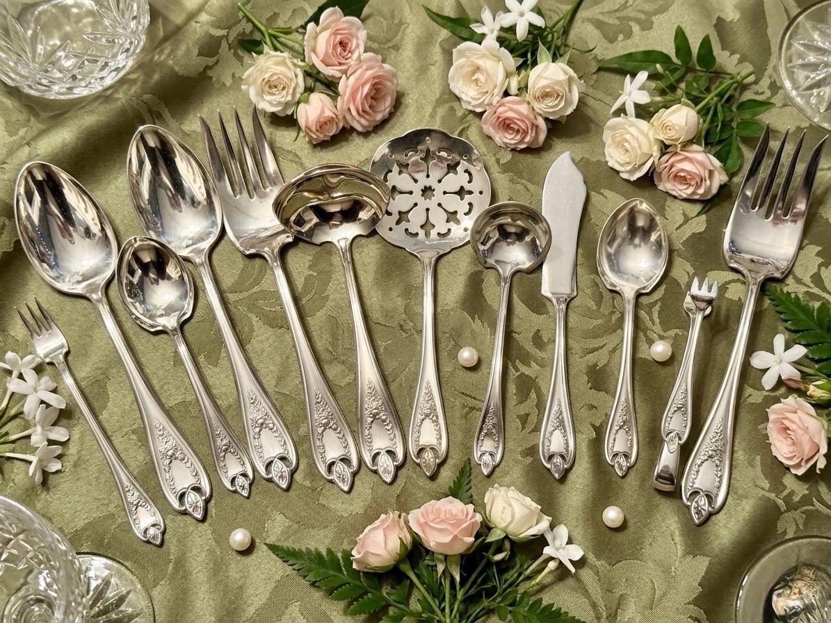 Antique "Old Colony" Serving Set by 1847 Rogers Bros – 12 Pieces Edwardian Silverplate, detail view 1