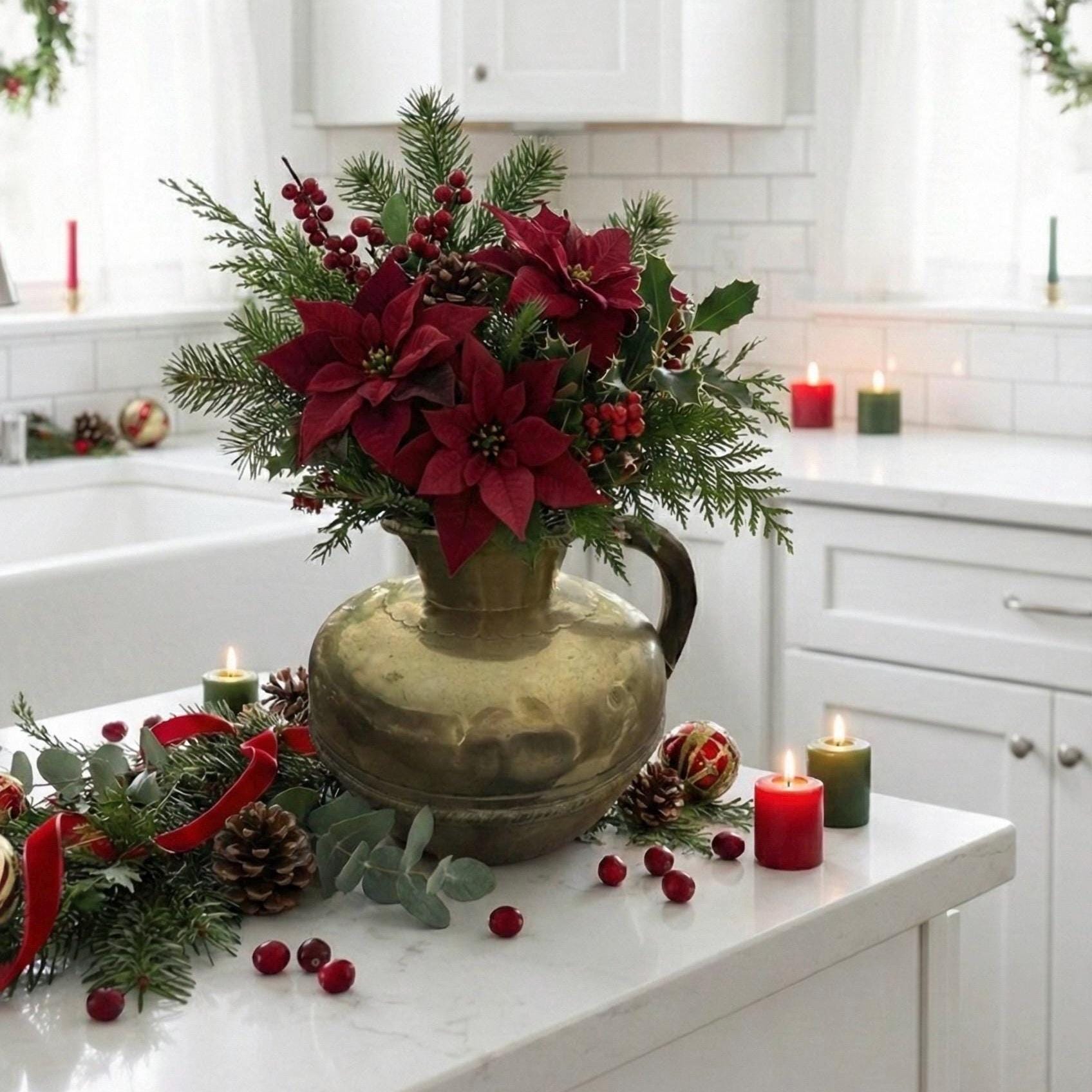 Antique Polished Brass Flower Vase: French Country Normandy Pitcher, front view