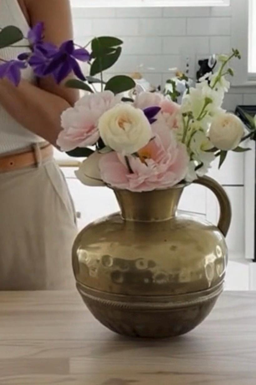 Antique Polished Brass Flower Vase: French Country Normandy Pitcher, detail view 1