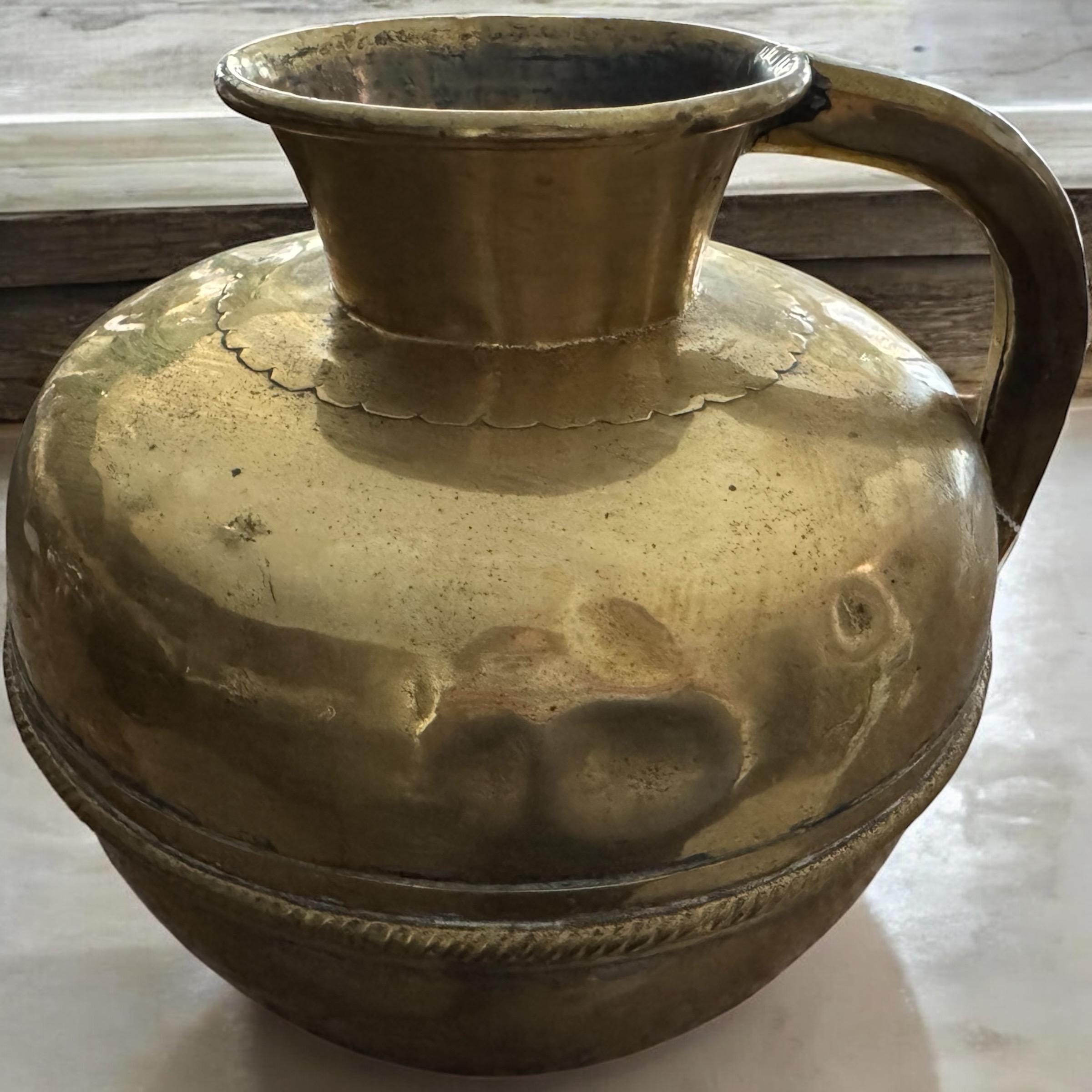 Antique Polished Brass Flower Vase: French Country Normandy Pitcher, detail view 2