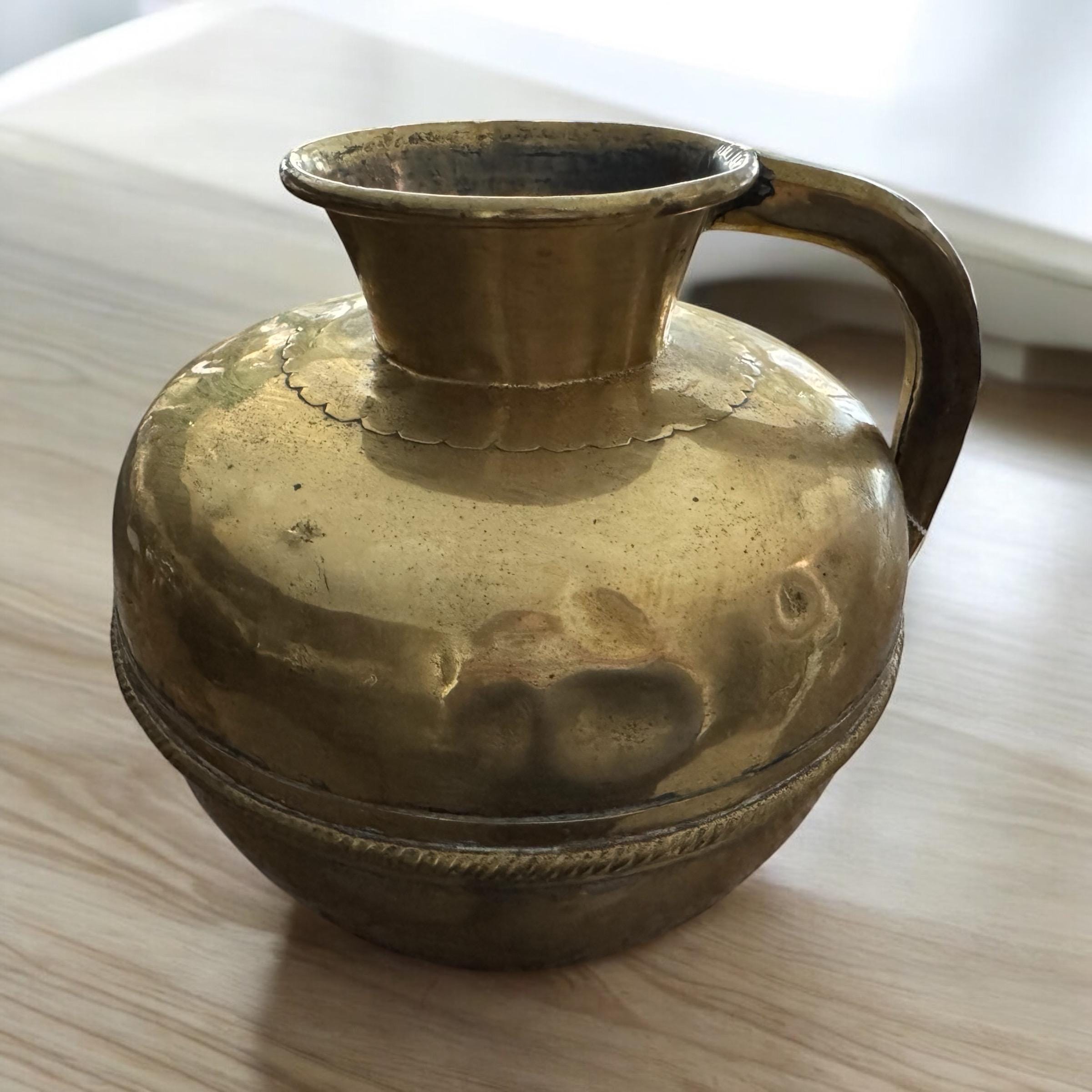 Antique Polished Brass Flower Vase: French Country Normandy Pitcher, detail view 4