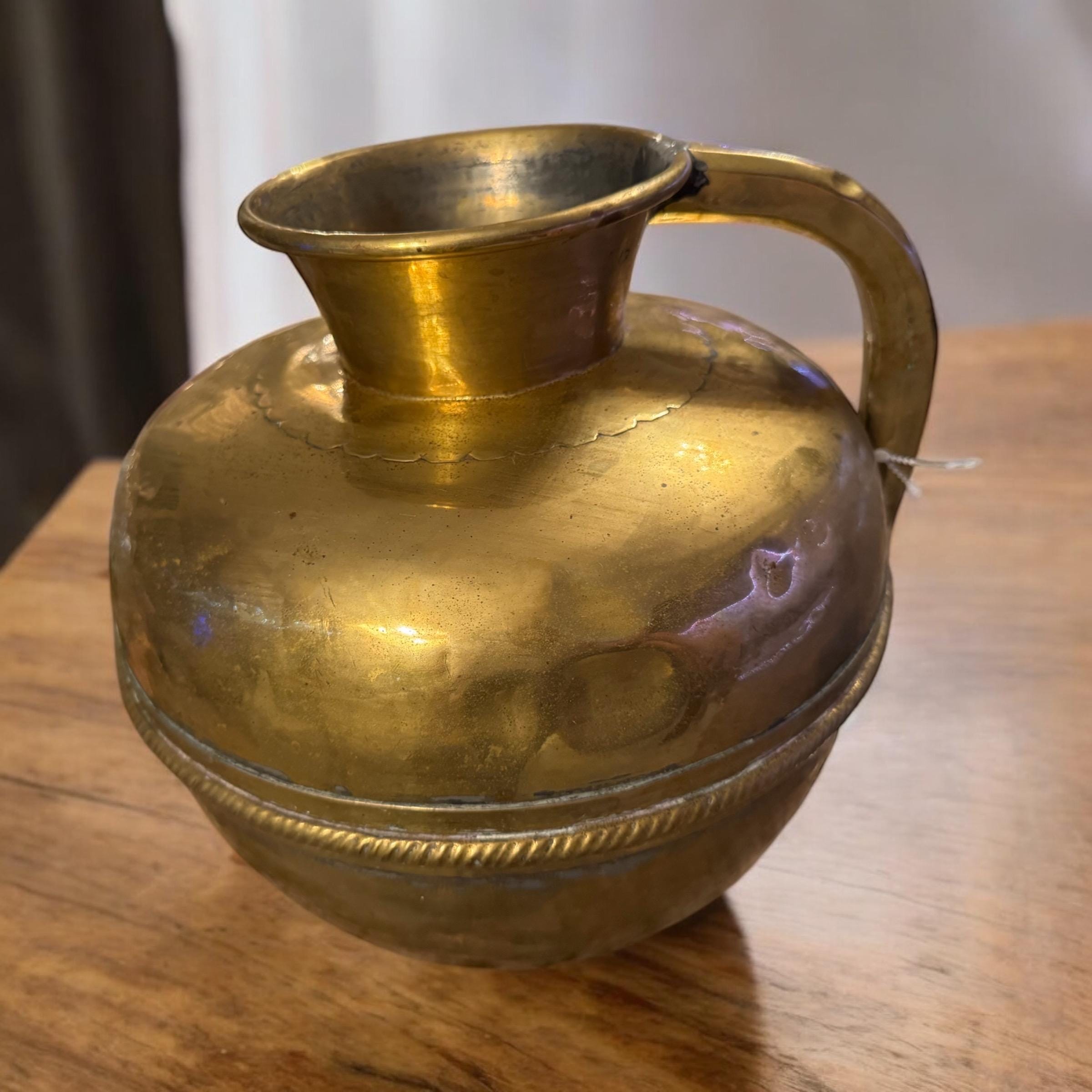 Antique Polished Brass Flower Vase: French Country Normandy Pitcher, detail view 5