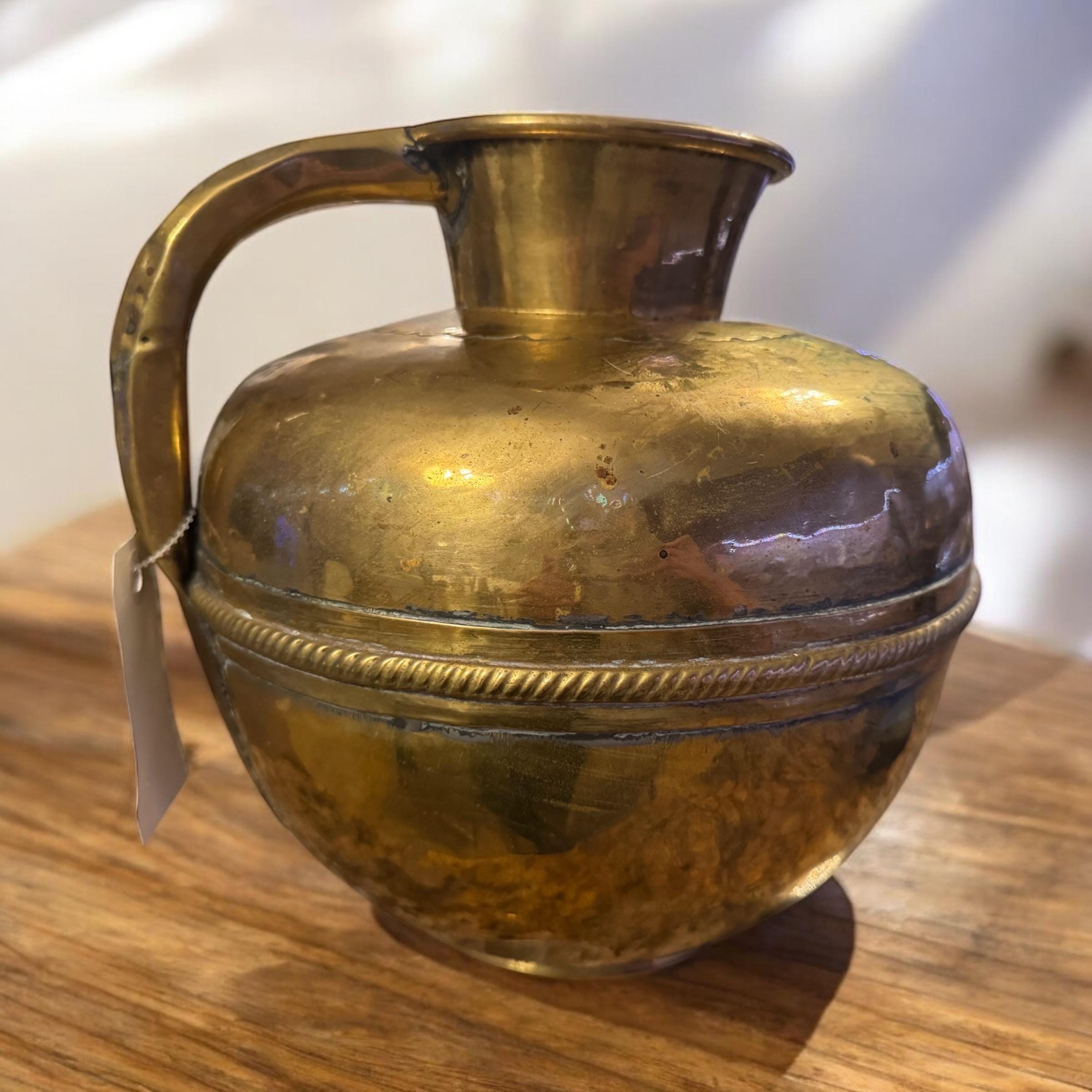 Antique Polished Brass Flower Vase: French Country Normandy Pitcher, detail view 6