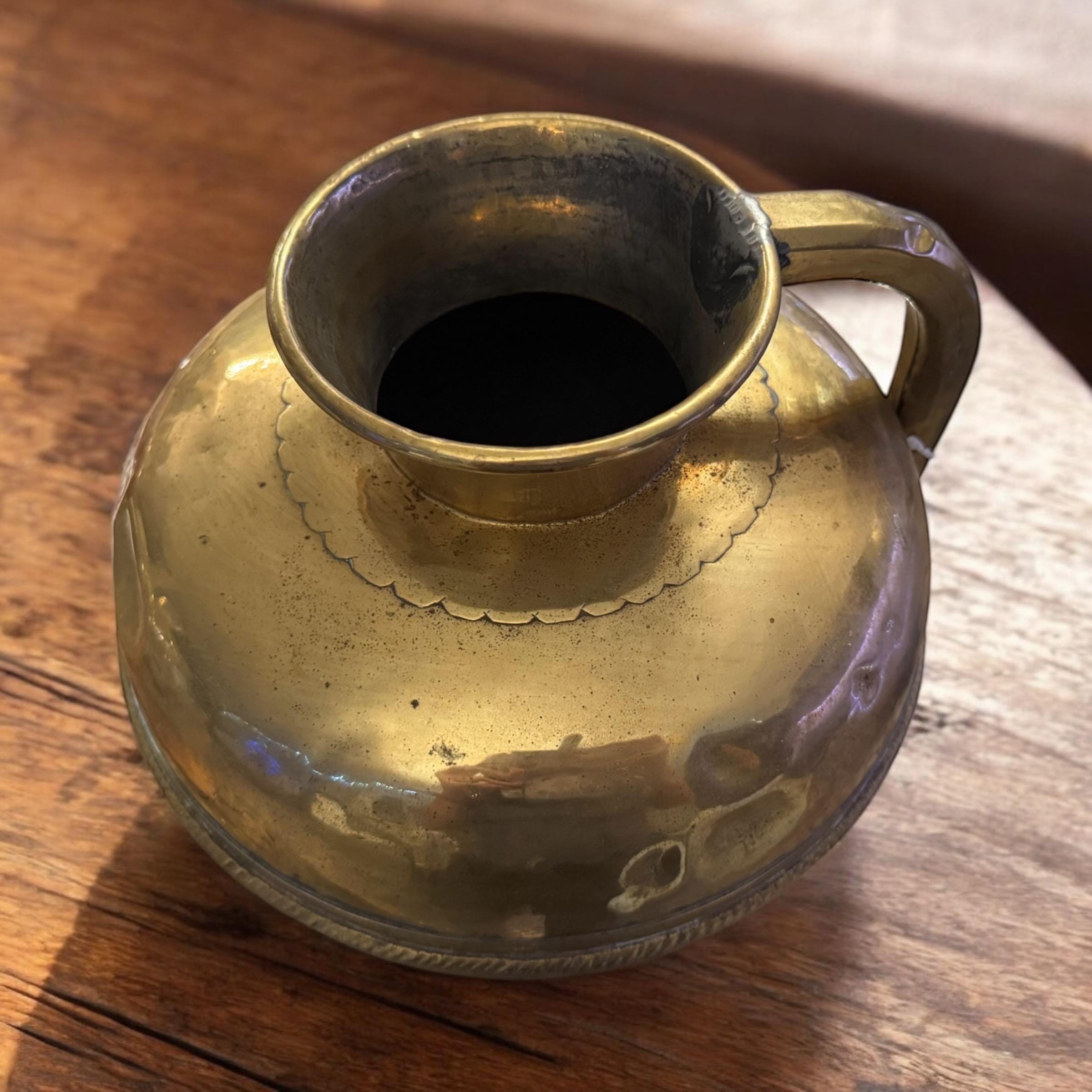 Antique Polished Brass Flower Vase: French Country Normandy Pitcher, detail view 7