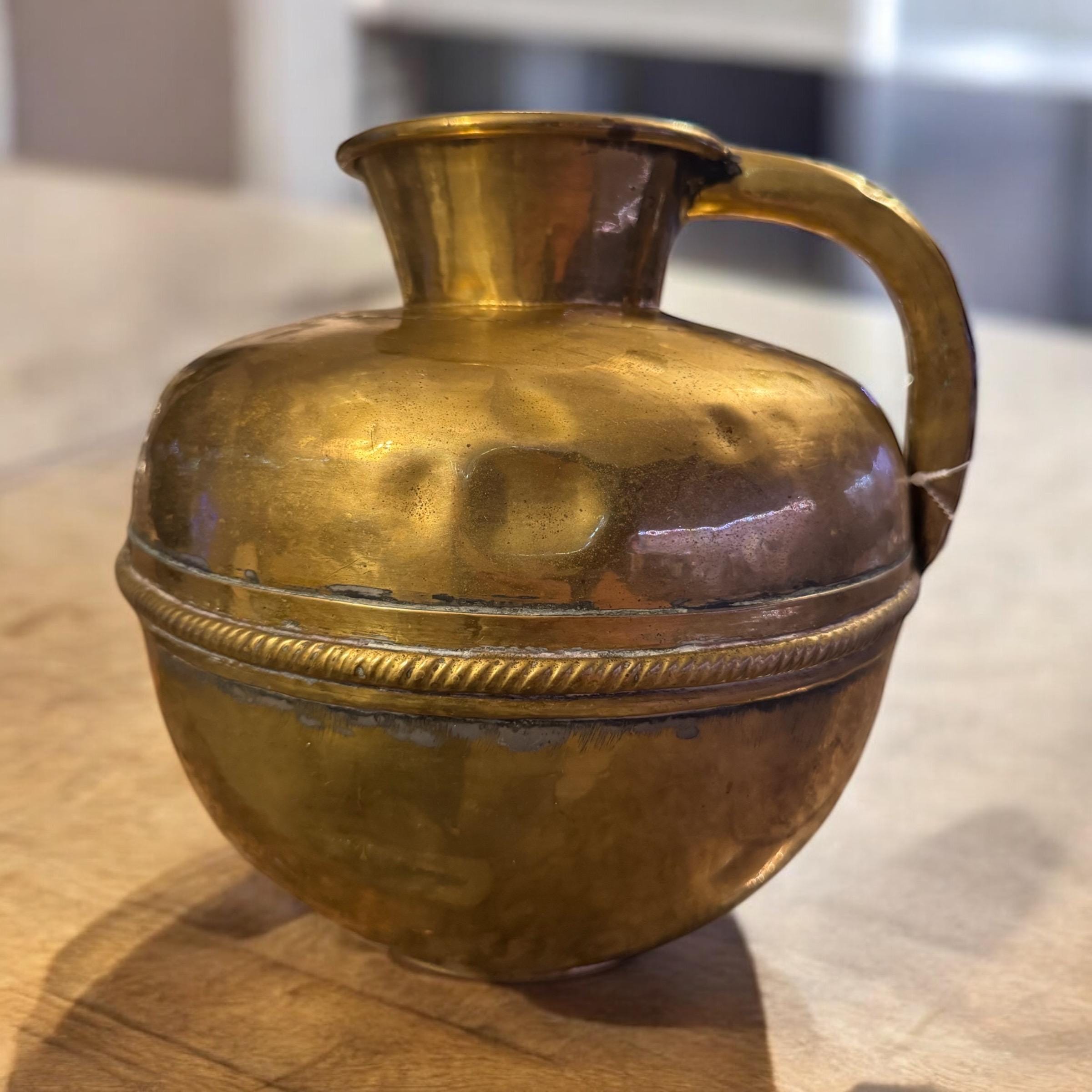 Antique Polished Brass Flower Vase: French Country Normandy Pitcher, detail view 8