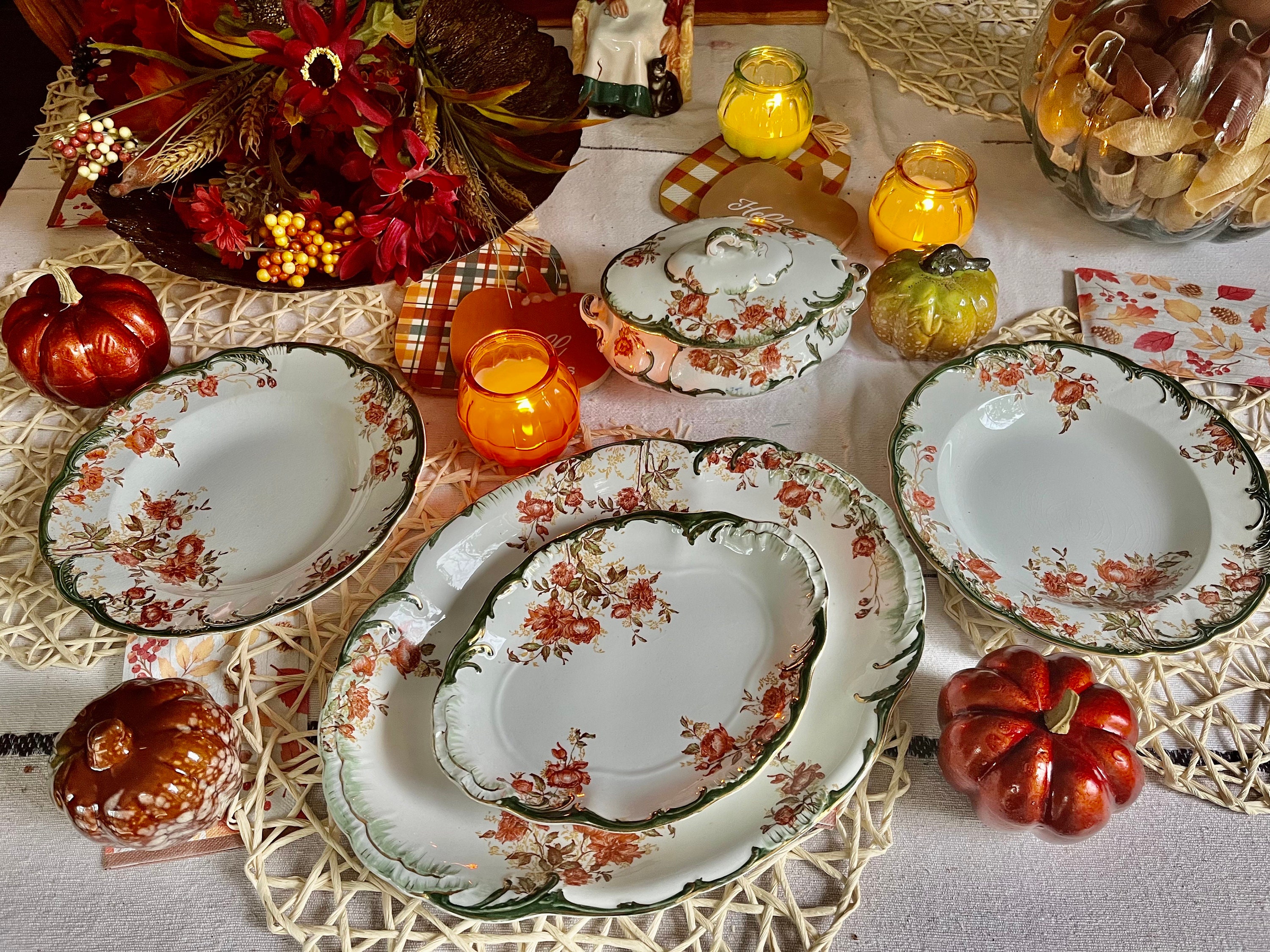 Antique Ridgway England Floral Dining Ensemble: Green & Gold, 6-Piece Set, front view