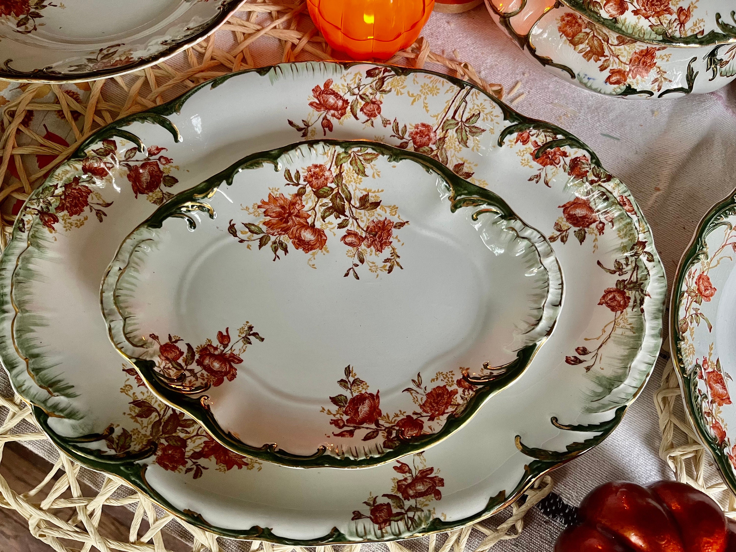 Antique Ridgway England Floral Dining Ensemble: Green & Gold, 6-Piece Set, detail view 2