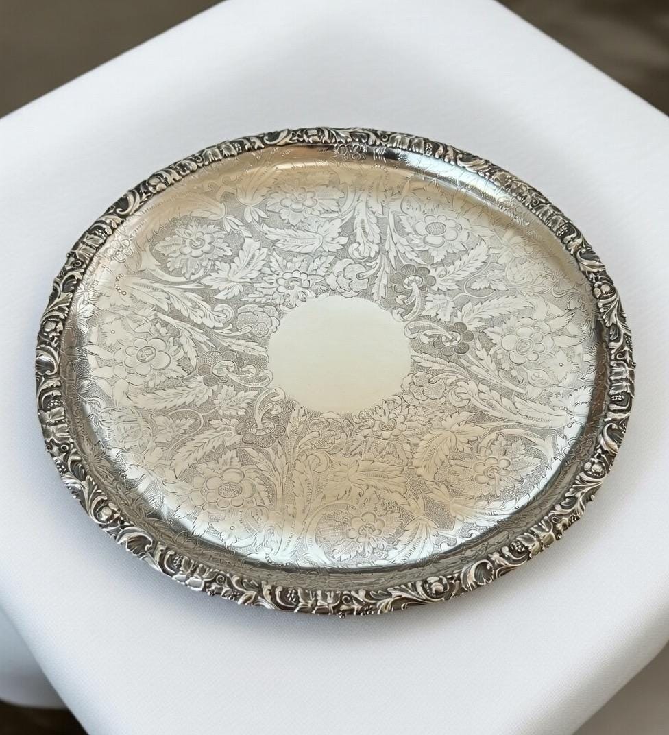 Antique Sheffield Silverplate Round Serving Tray – 11.5″ – Barker Ellis (c.1912+), detail view 1