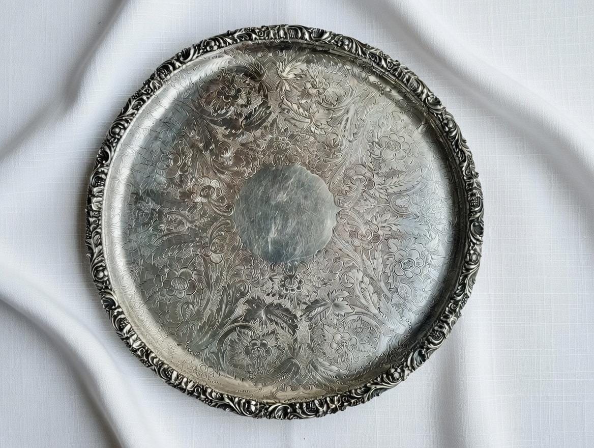 Antique Sheffield Silverplate Round Serving Tray – 11.5″ – Barker Ellis (c.1912+), detail view 2