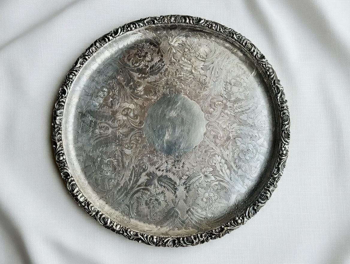 Antique Sheffield Silverplate Round Serving Tray – 11.5″ – Barker Ellis (c.1912+), detail view 4