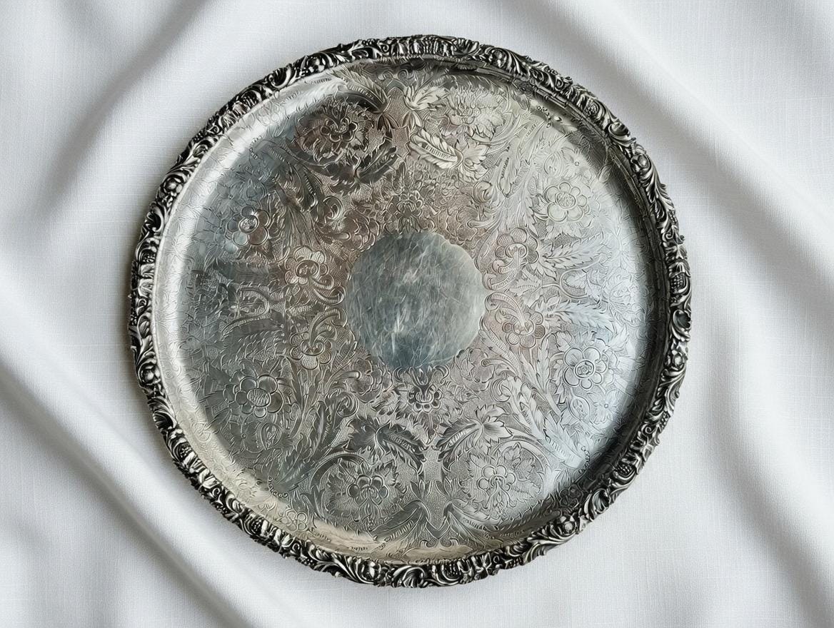 Antique Sheffield Silverplate Round Serving Tray – 11.5″ – Barker Ellis (c.1912+), detail view 5