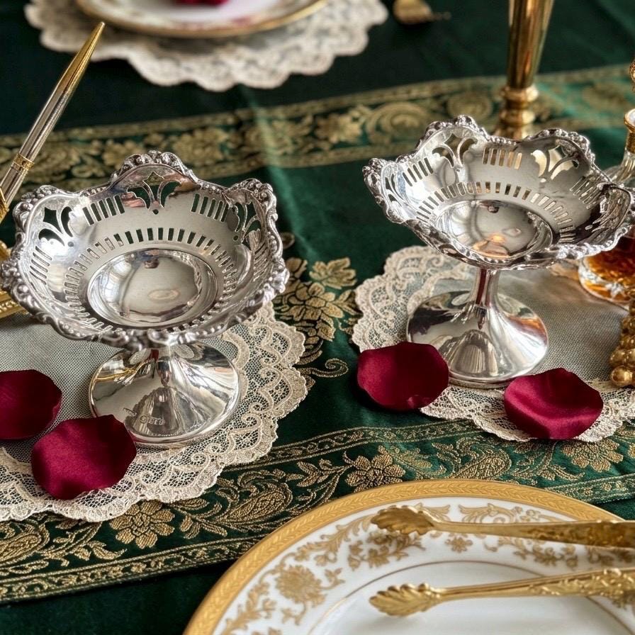 Antique Sterling Silver Bonbon Dishes Pair – 1913 Birmingham – Pierced Pedestal Bowls – Edwardian English Tableware, front view