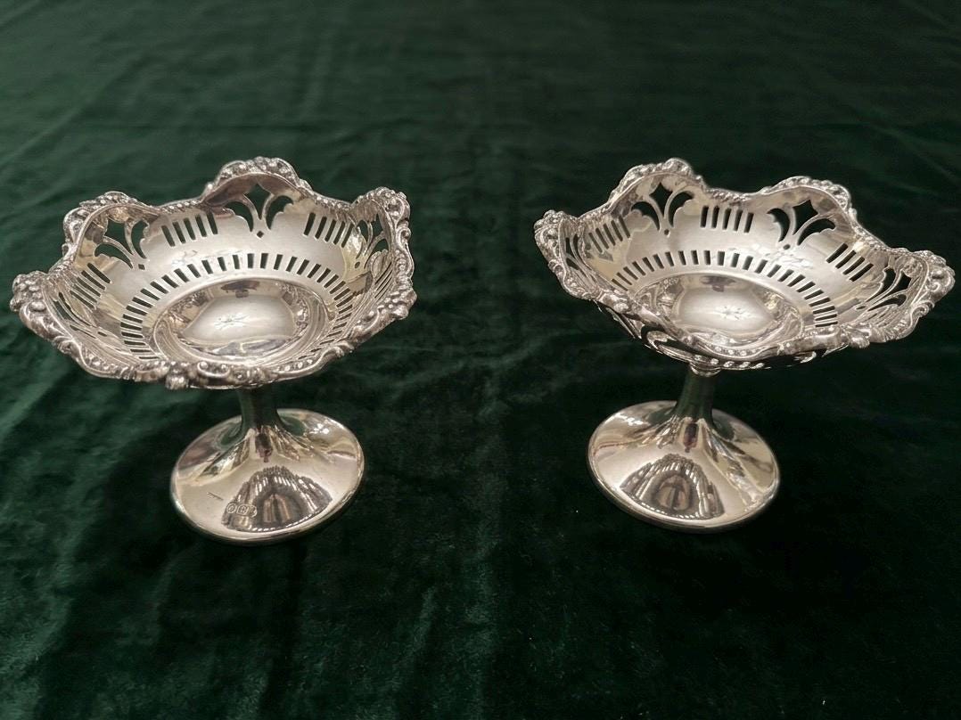 Antique Sterling Silver Bonbon Dishes Pair – 1913 Birmingham – Pierced Pedestal Bowls – Edwardian English Tableware, detail view 1