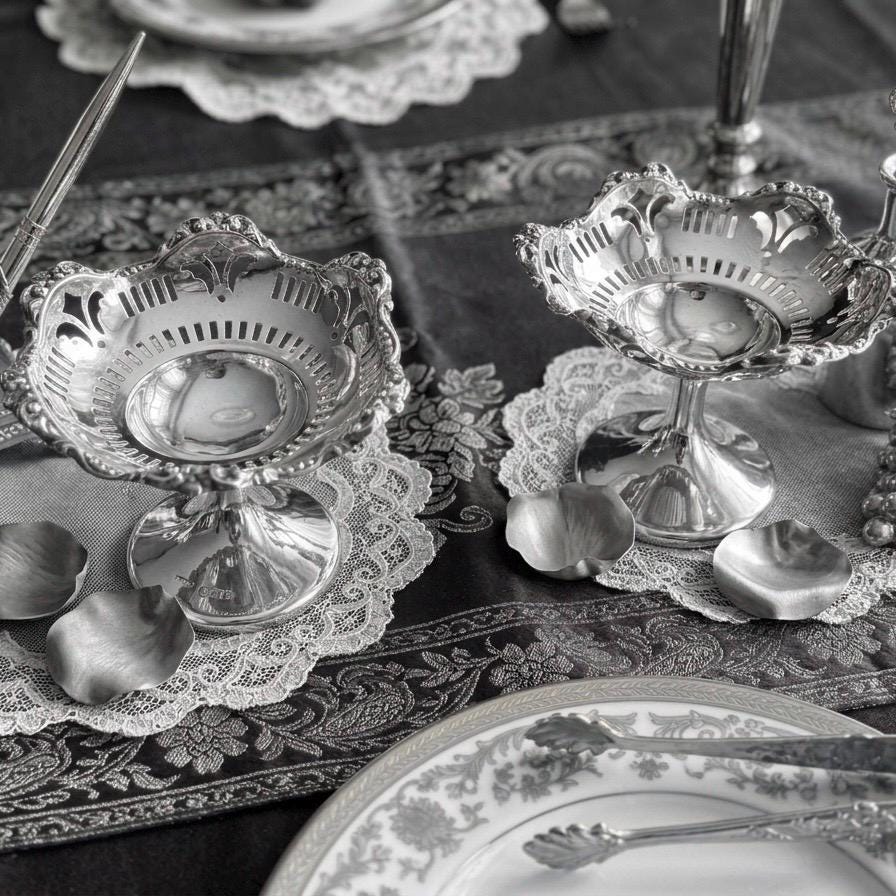 Antique Sterling Silver Bonbon Dishes Pair – 1913 Birmingham – Pierced Pedestal Bowls – Edwardian English Tableware, detail view 3