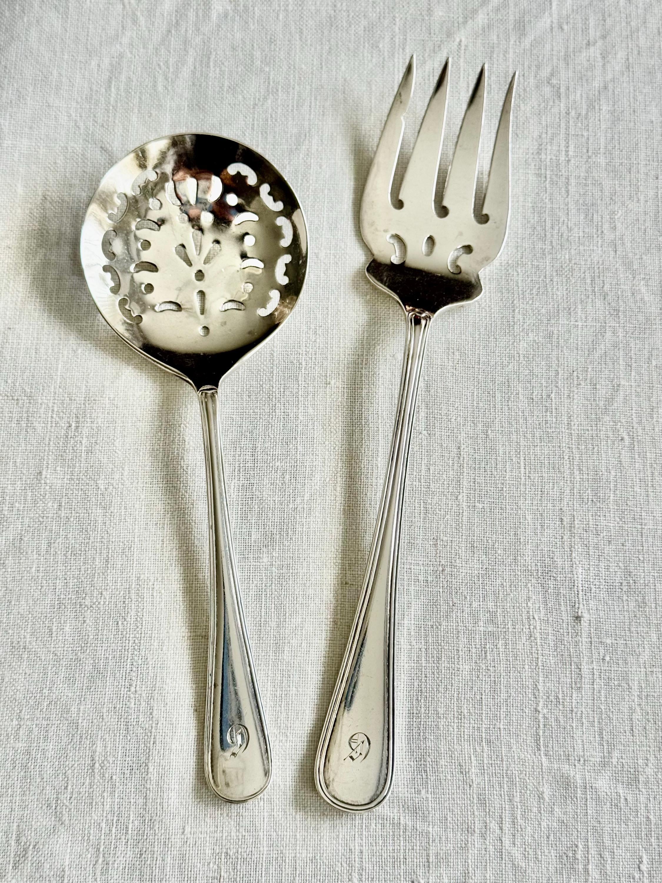 Antique Sterling Silver Dessert Serving Set — Ornate Pierced Spoon & Fork — English Hallmarked — Monogram “D”, detail view 1