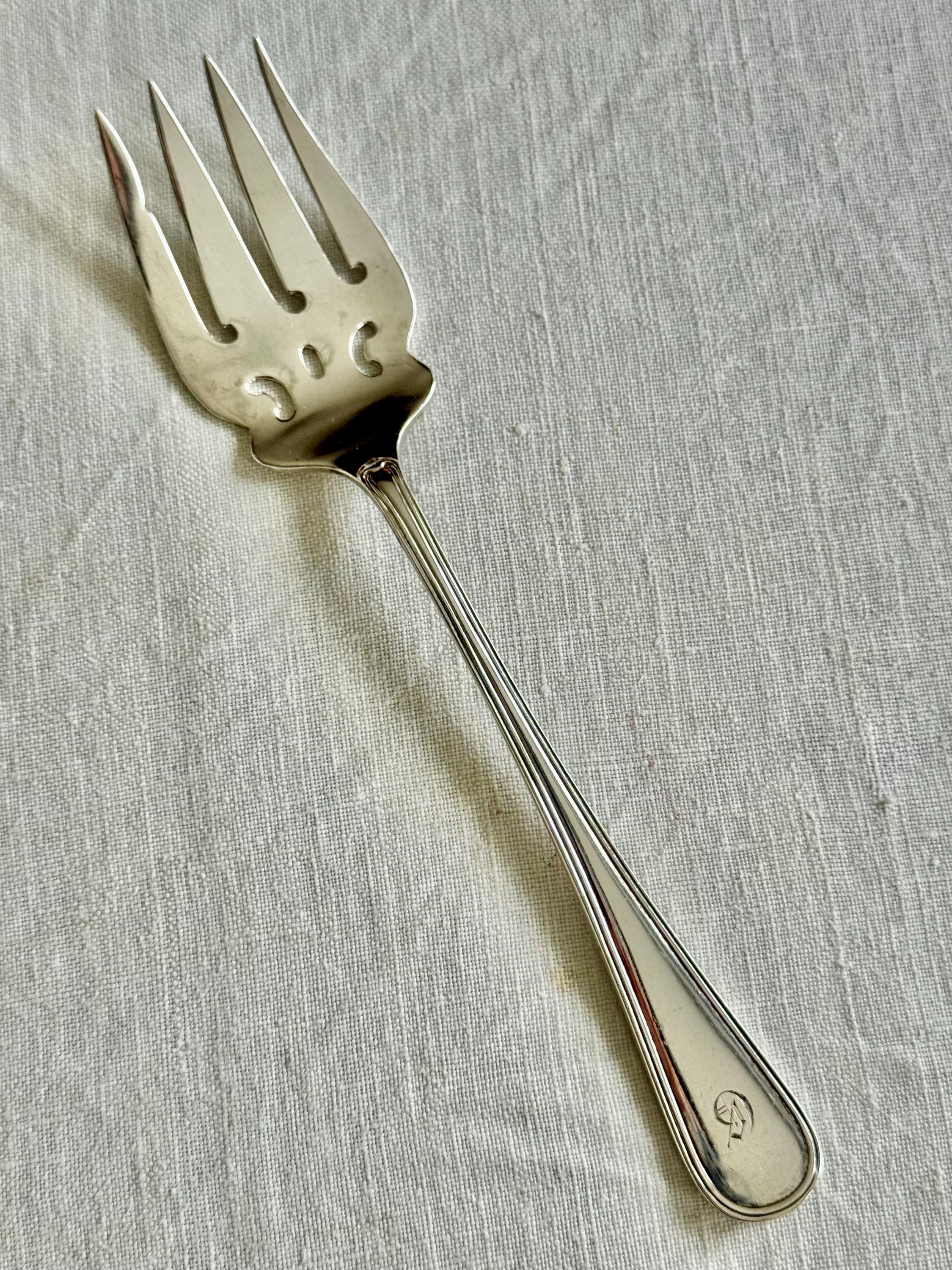 Antique Sterling Silver Dessert Serving Set — Ornate Pierced Spoon & Fork — English Hallmarked — Monogram “D”, detail view 2