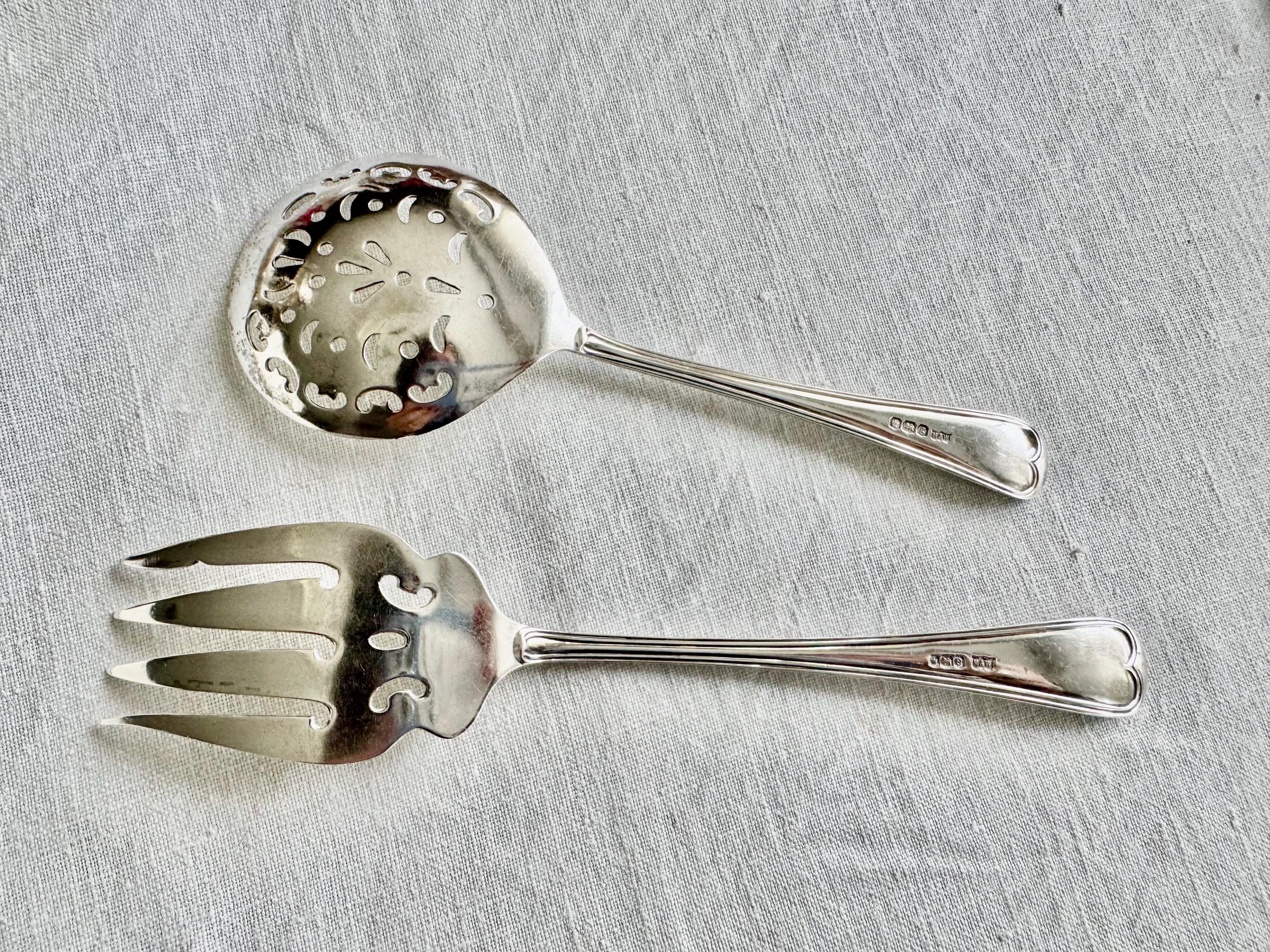 Antique Sterling Silver Dessert Serving Set — Ornate Pierced Spoon & Fork — English Hallmarked — Monogram “D”, detail view 4