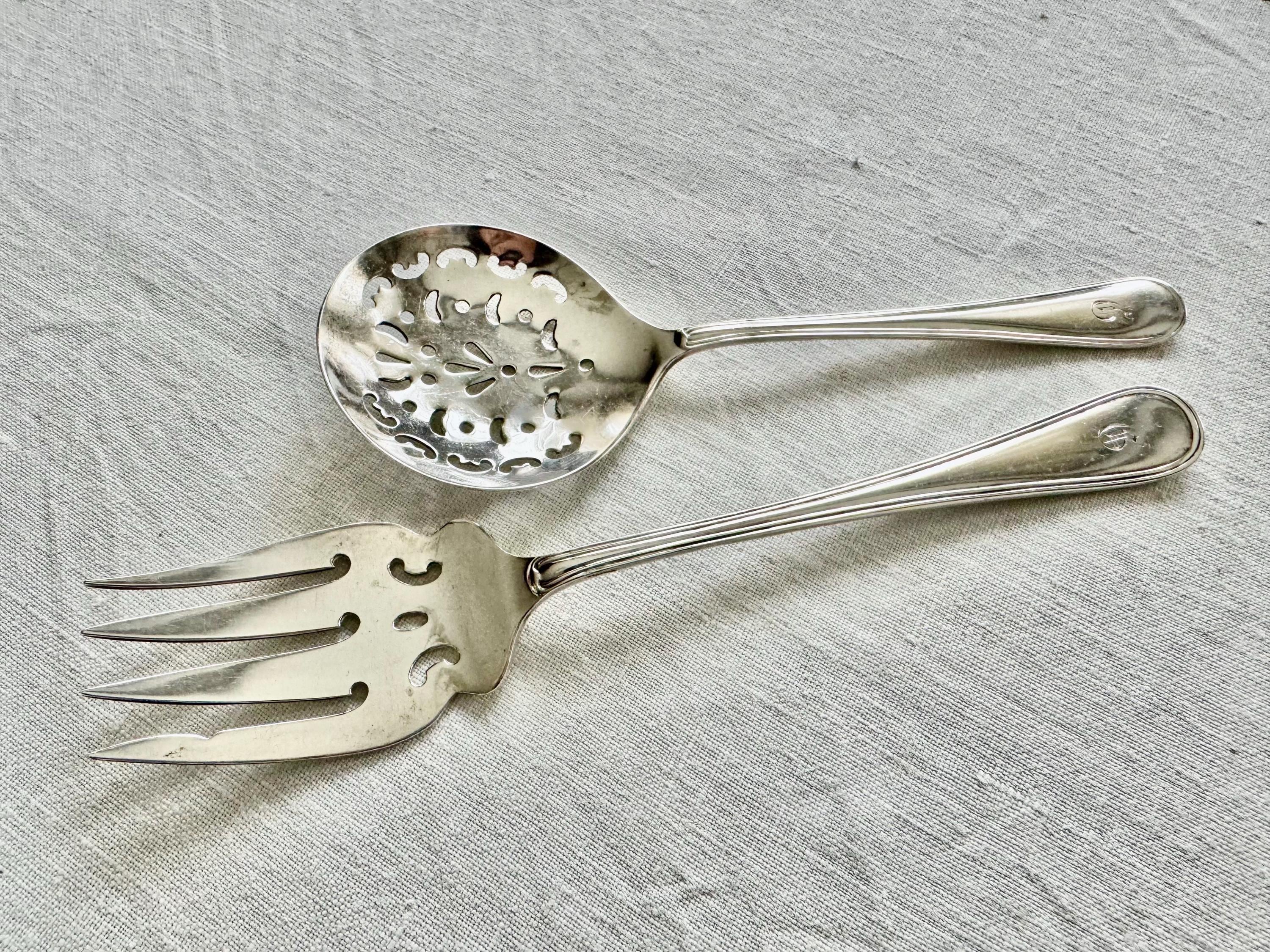 Antique Sterling Silver Dessert Serving Set — Ornate Pierced Spoon & Fork — English Hallmarked — Monogram “D”, detail view 5