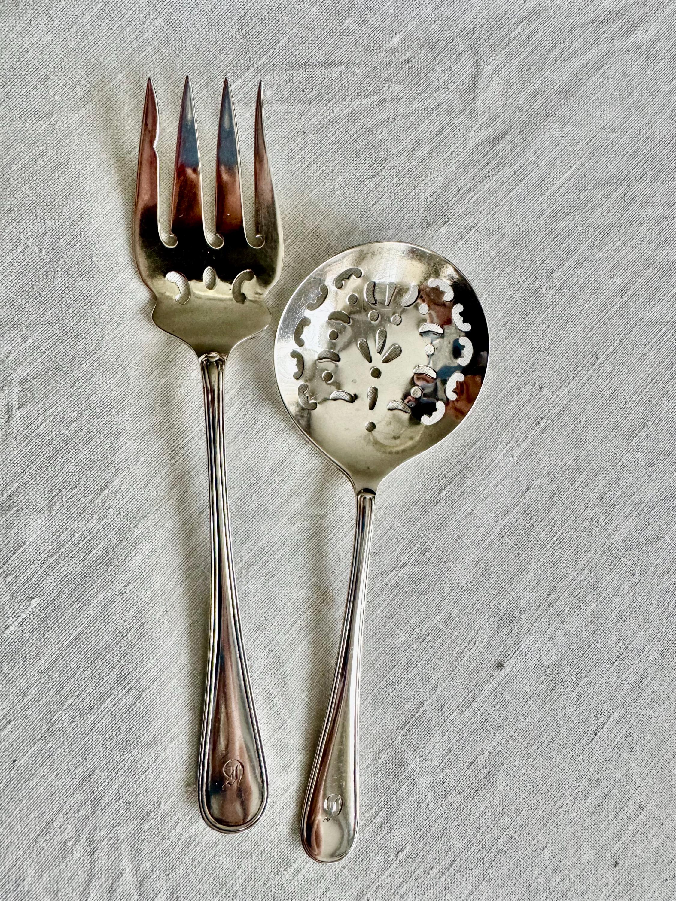 Antique Sterling Silver Dessert Serving Set — Ornate Pierced Spoon & Fork — English Hallmarked — Monogram “D”, detail view 6