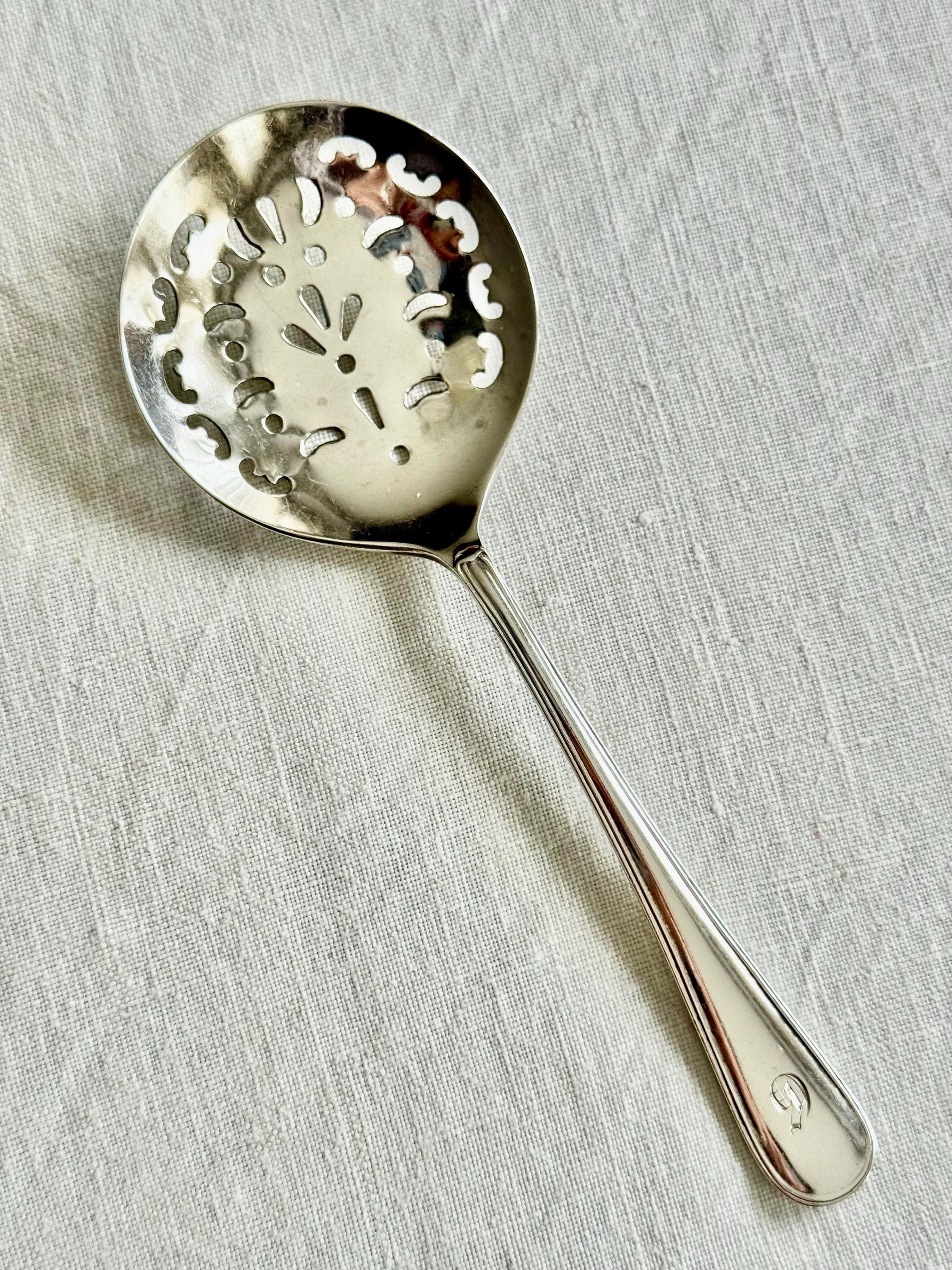 Antique Sterling Silver Dessert Serving Set — Ornate Pierced Spoon & Fork — English Hallmarked — Monogram “D”, detail view 7