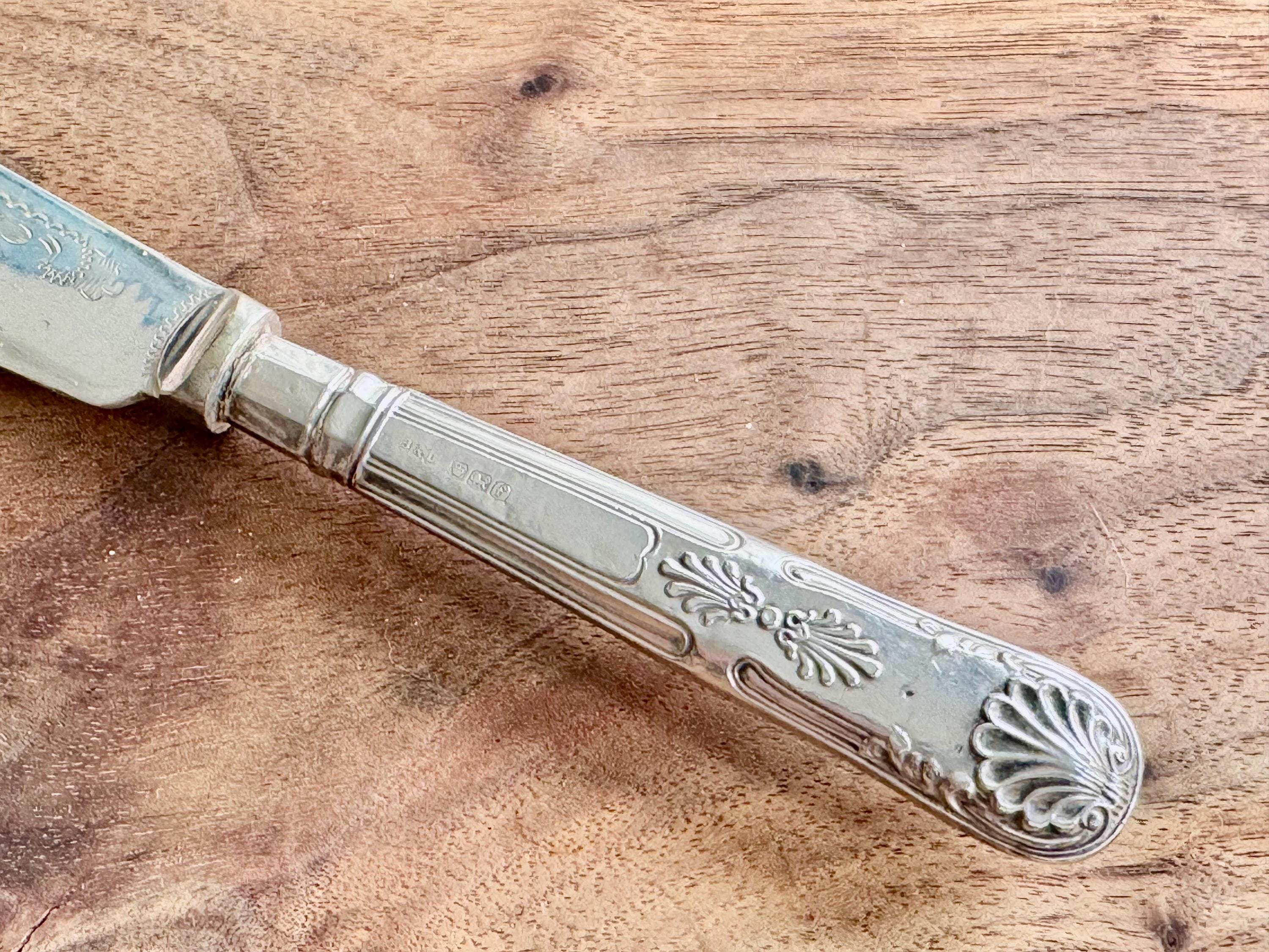 Antique Sterling Silver Handle Fish Knife – Ornate & Engraved – Sheffield 1923 – Silverplate Blade, front view