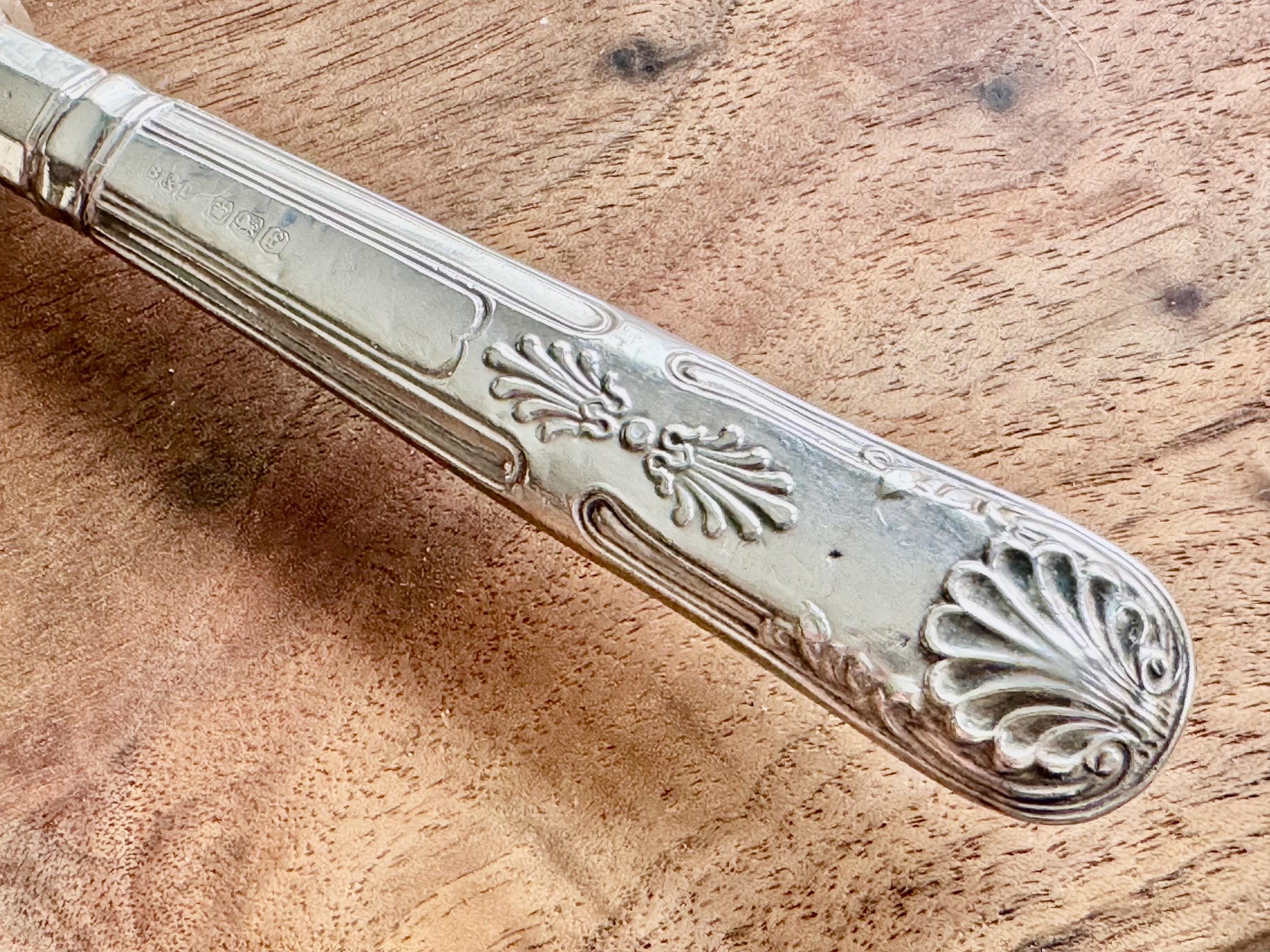 Antique Sterling Silver Handle Fish Knife – Ornate & Engraved – Sheffield 1923 – Silverplate Blade, detail view 3
