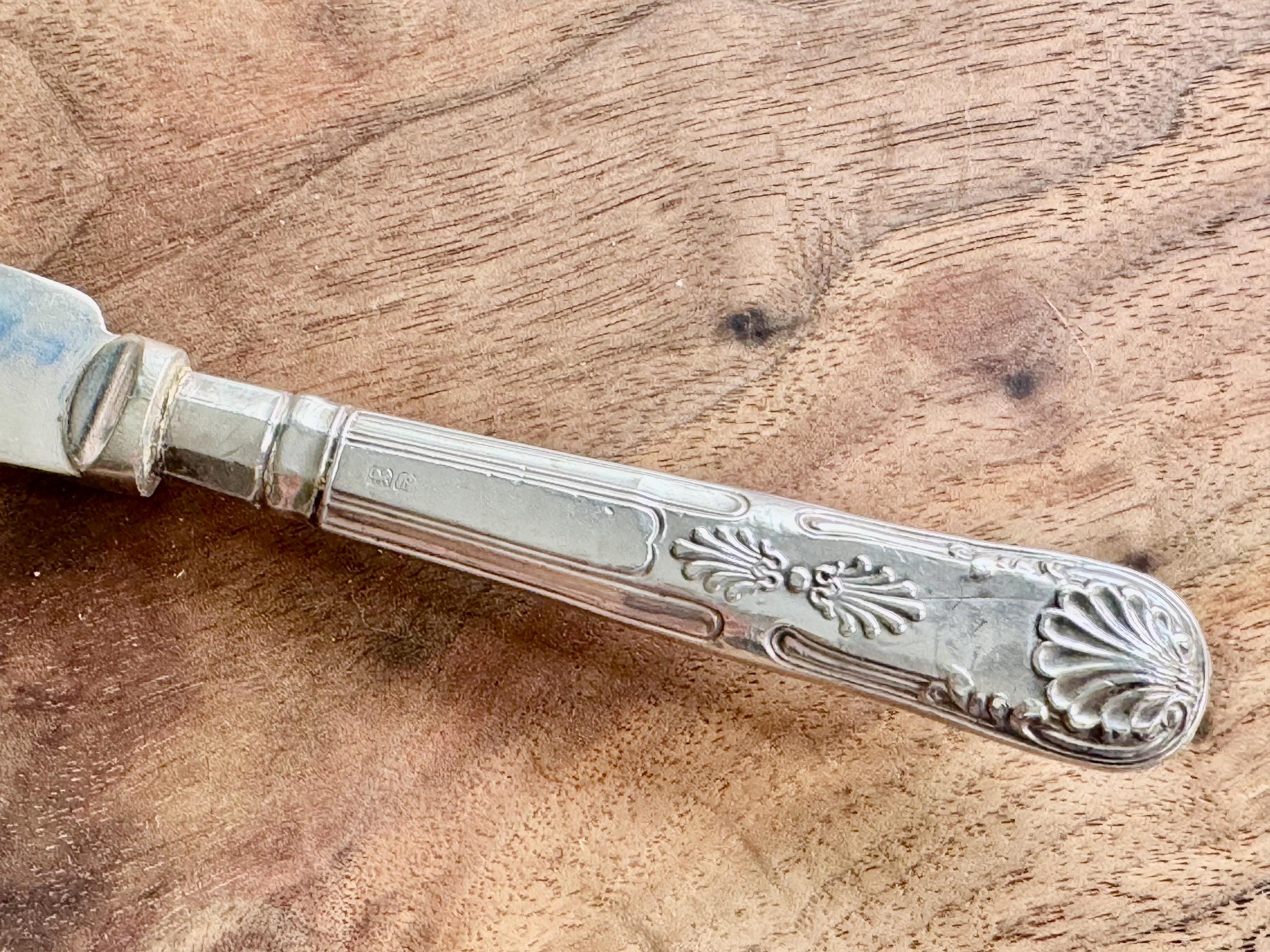 Antique Sterling Silver Handle Fish Knife – Ornate & Engraved – Sheffield 1923 – Silverplate Blade, detail view 5