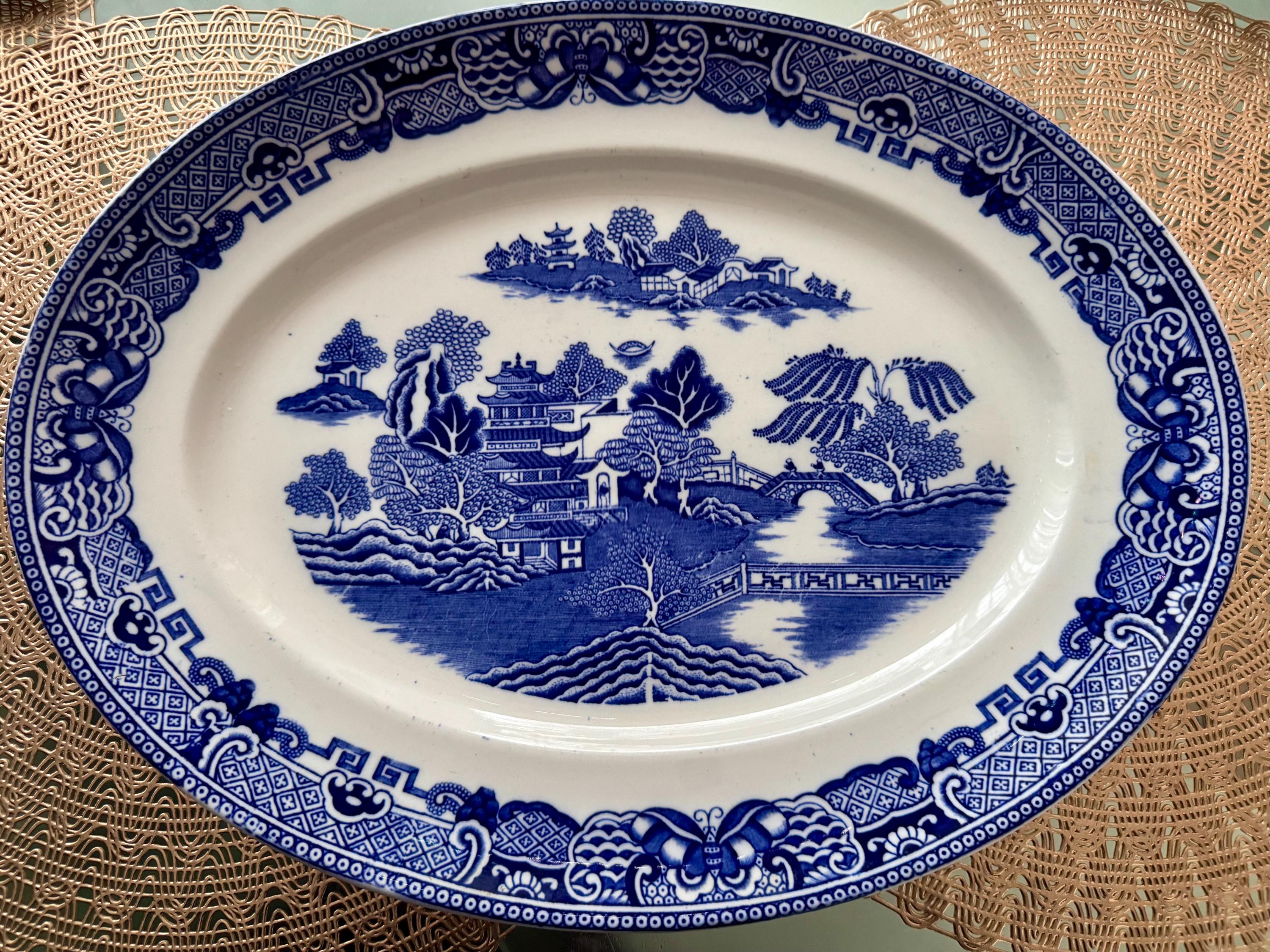 Antique T.G. Green Ming Blue Willow Transferware Platter, Gresley Ware, front view