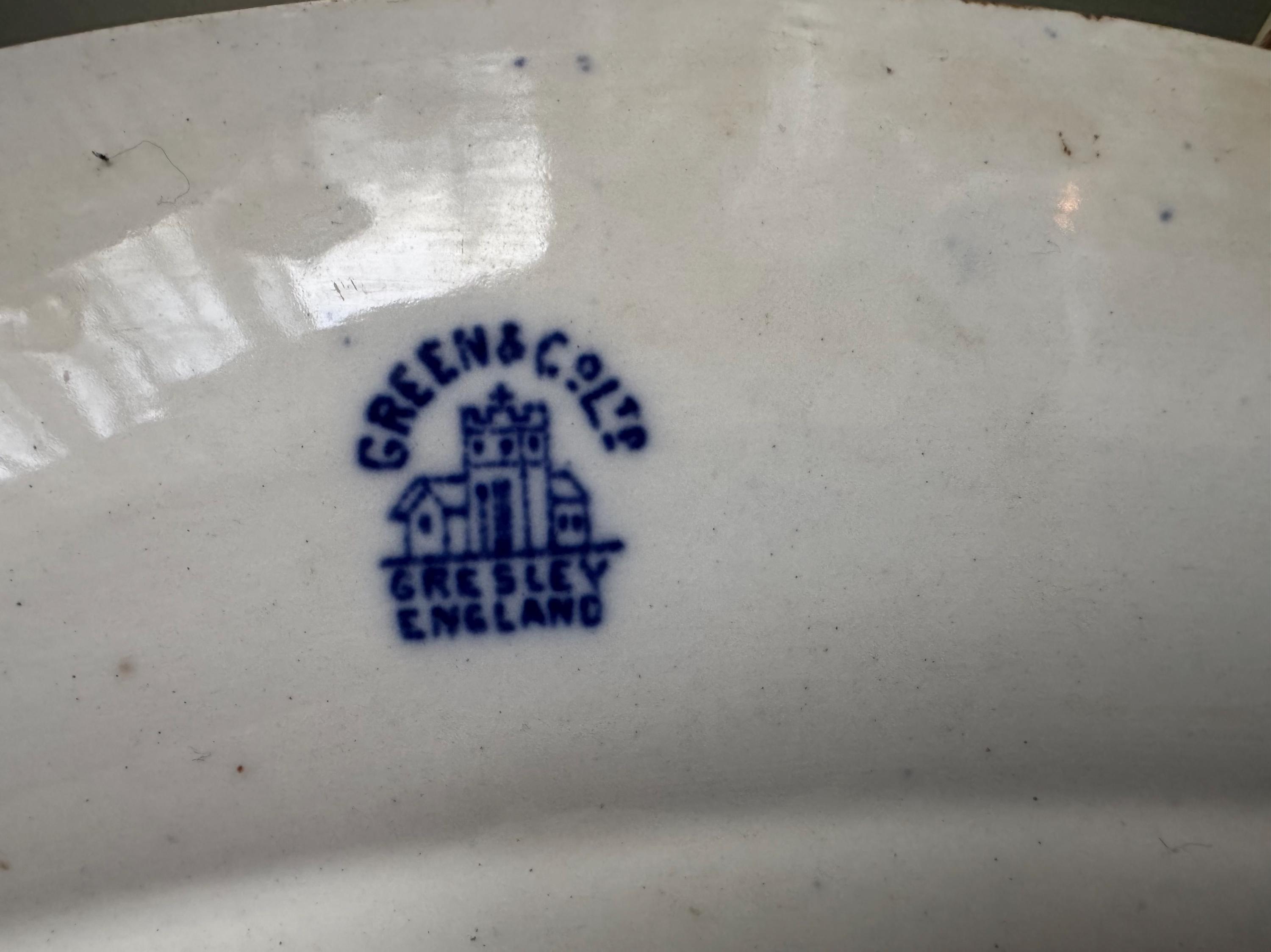 Antique T.G. Green Ming Blue Willow Transferware Platter, Gresley Ware, detail view 9