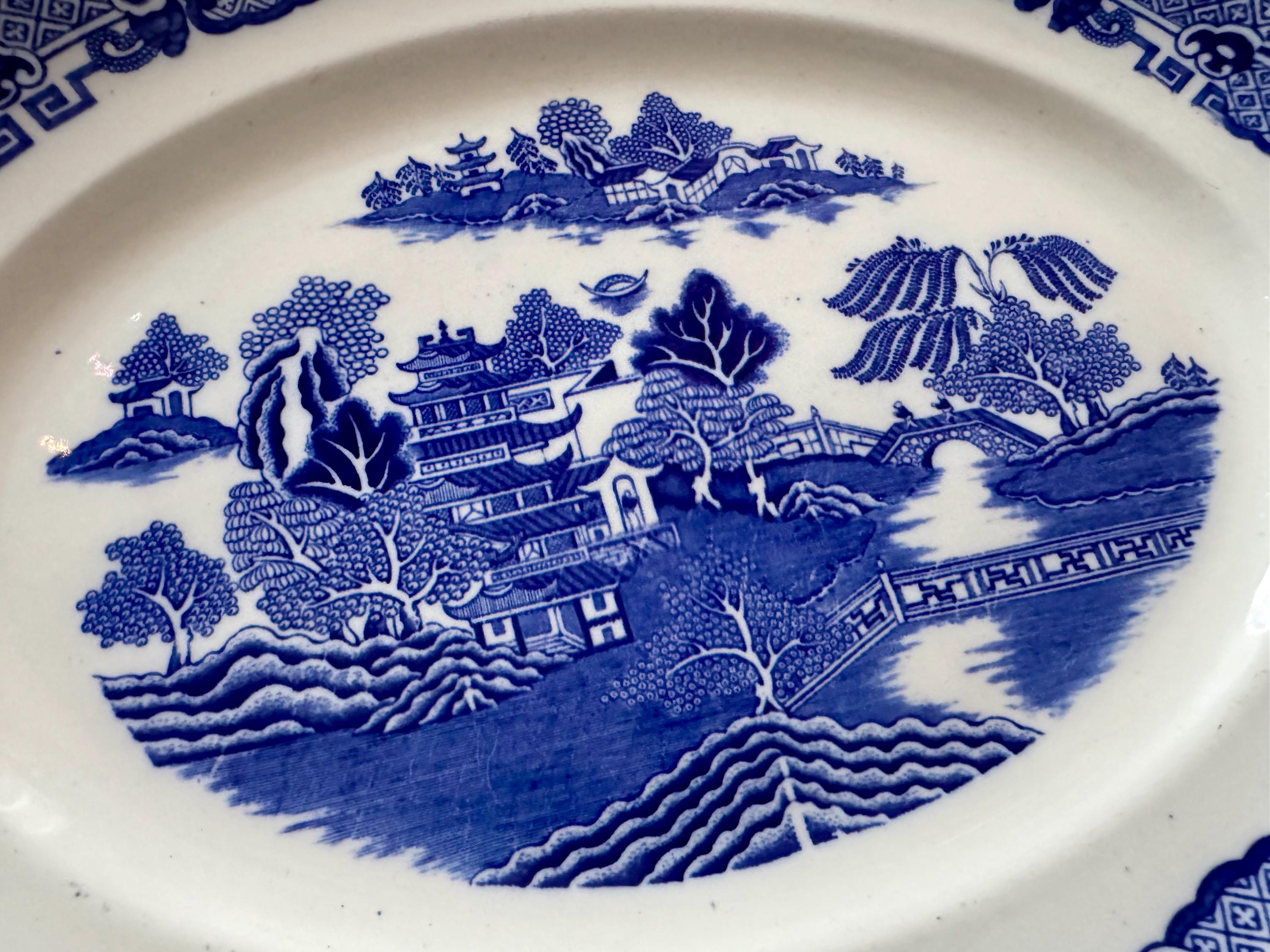 Antique T.G. Green Ming Blue Willow Transferware Platter, Gresley Ware, detail view 1