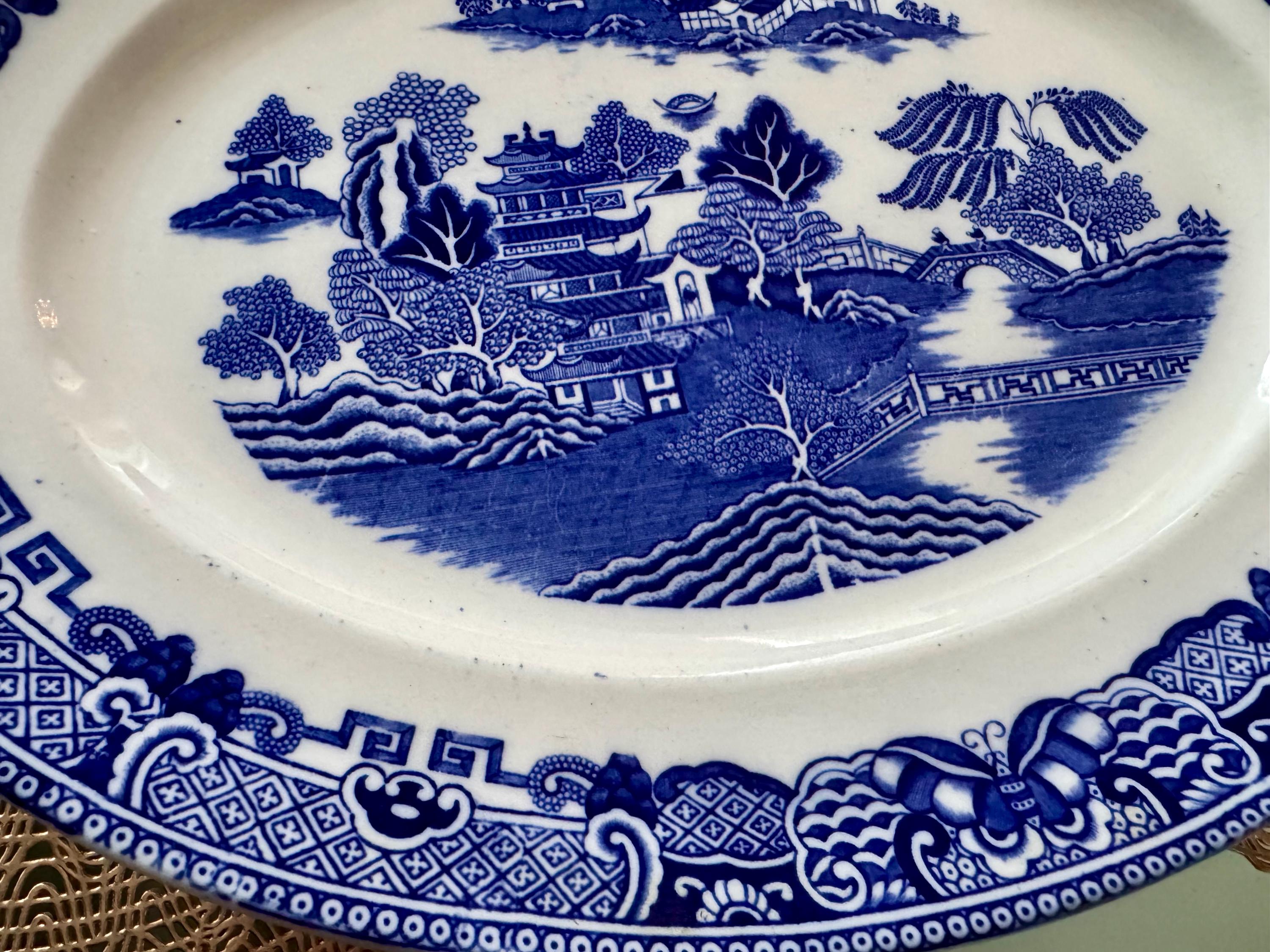 Antique T.G. Green Ming Blue Willow Transferware Platter, Gresley Ware, detail view 2