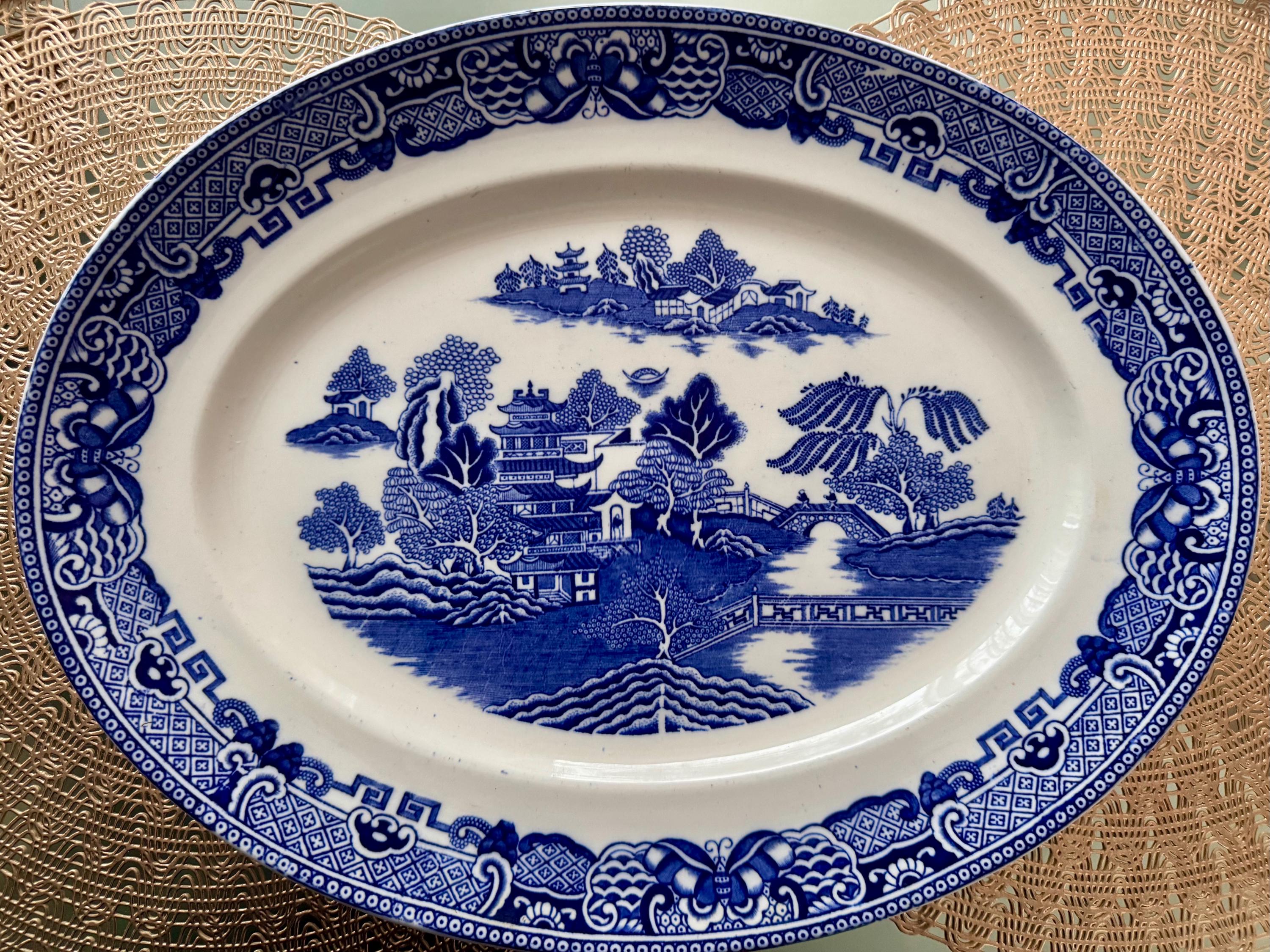 Antique T.G. Green Ming Blue Willow Transferware Platter, Gresley Ware, detail view 3
